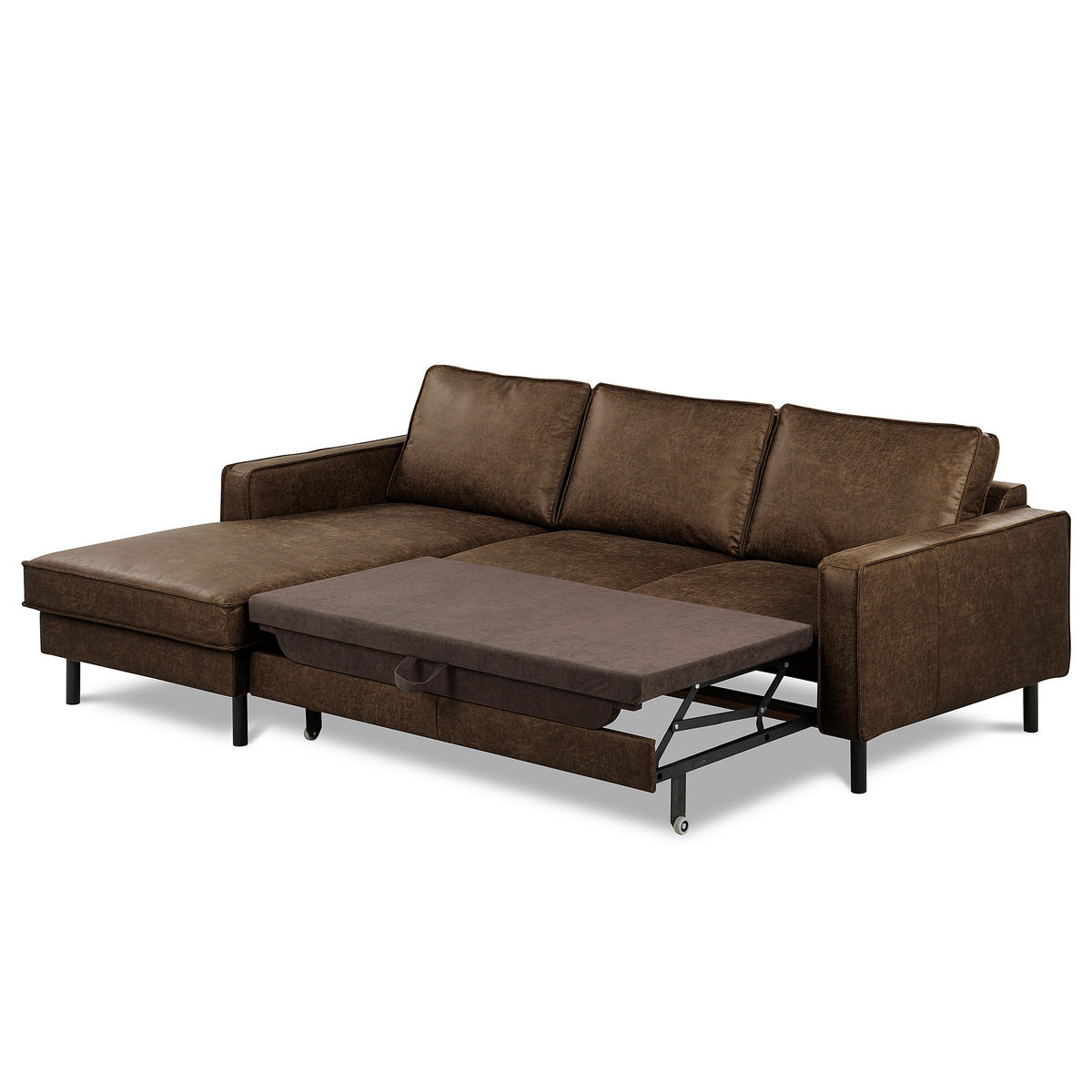 ECKSOFA Dunkelbraun Echtleder Lederlook Bettkasten, Schlaffunktion, Rücken echt  - Dunkelbraun/Schwarz, Design, Leder/Textil (166/238cm) - Livetastic