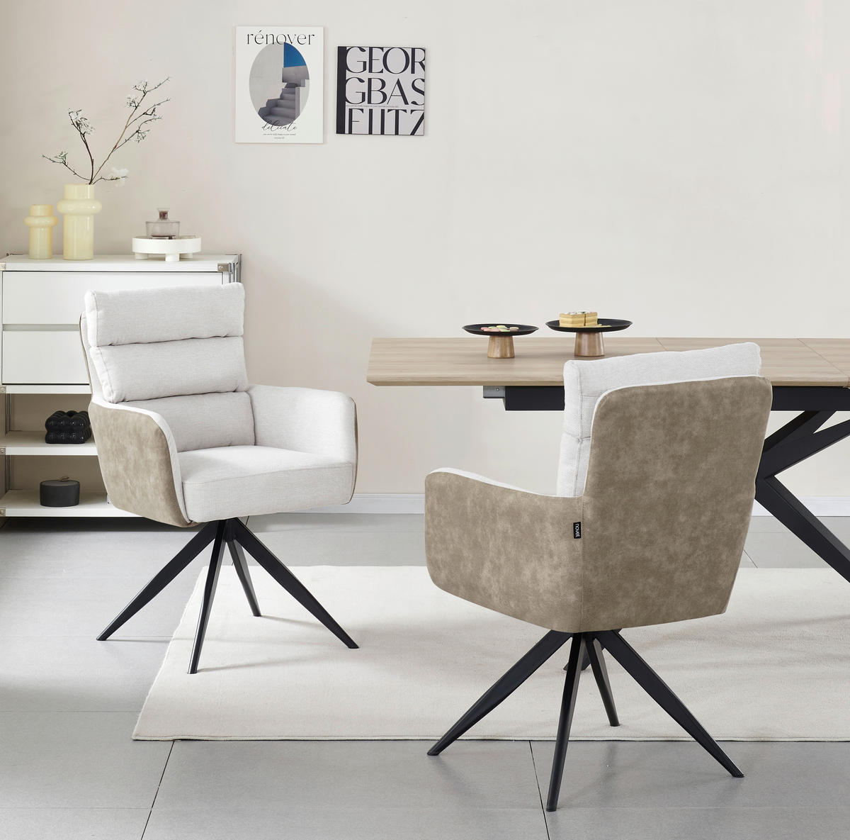 ARMLEHNSTUHL  Sitzfläche 360° drehbar, inklusive Armlehnen Webstoff, Leinenoptik  - Beige/Schwarz, Design, Textil/Metall (60/93/68cm) - Novel