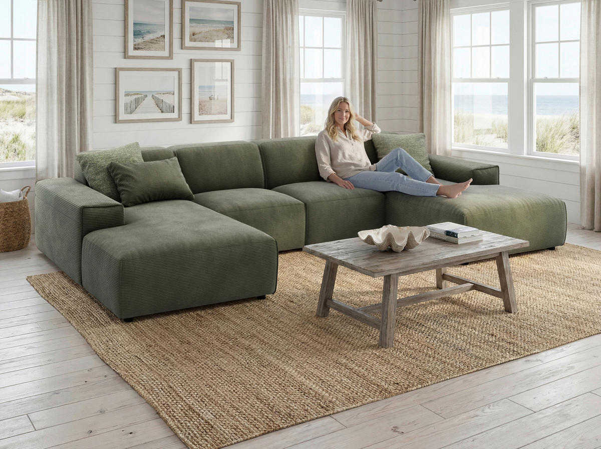 WOHNLANDSCHAFT Khaki Cord  - Khaki/Schwarz, MODERN, Kunststoff/Textil (189/340/189cm) - Pure Home Lifestyle