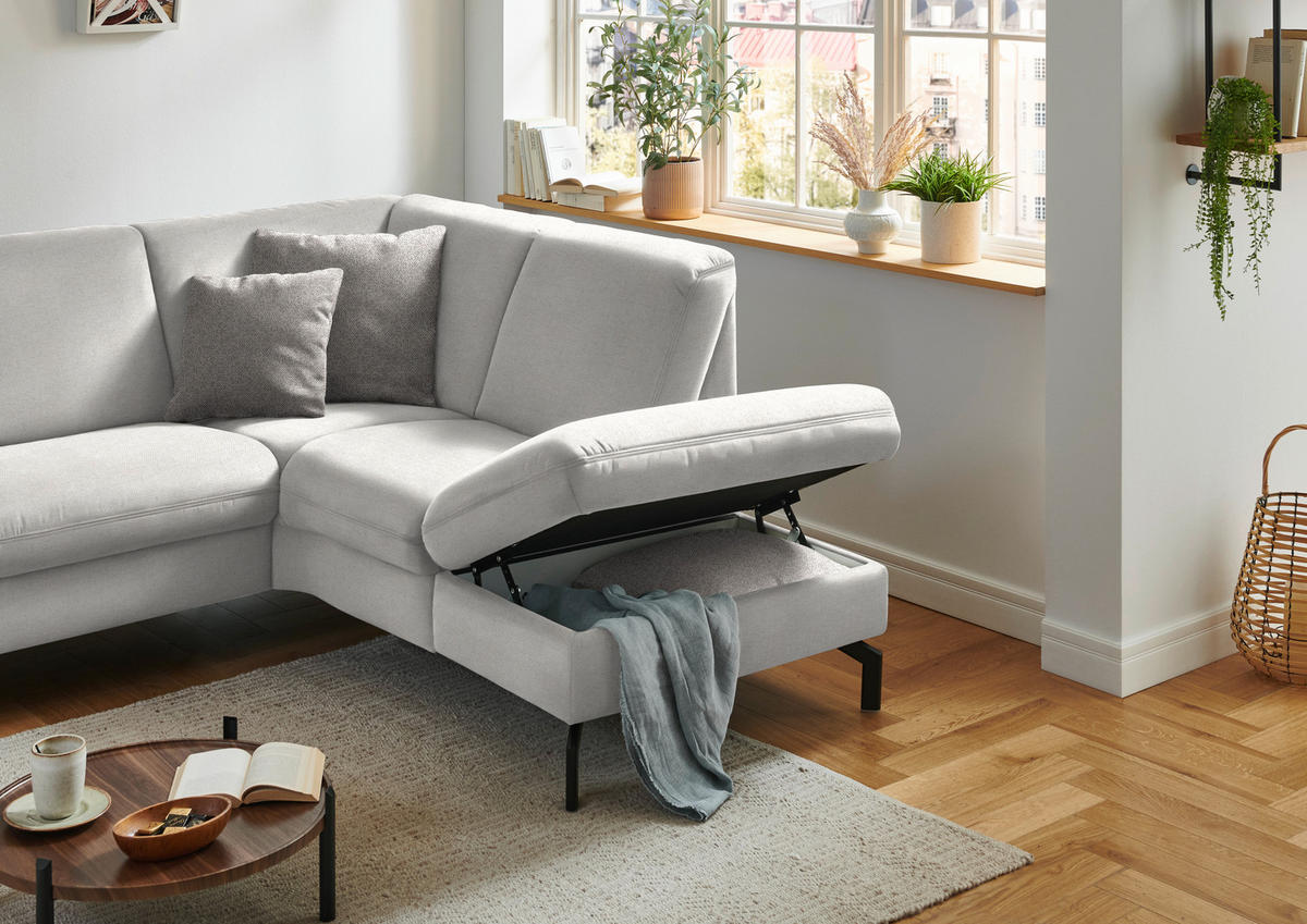 ECKSOFA in Flachgewebe Alabasterfarben  241/190 cm  - Alabasterfarben/Schwarz, KONVENTIONELL, Textil/Metall (241/190cm) - Beldomo Comfort