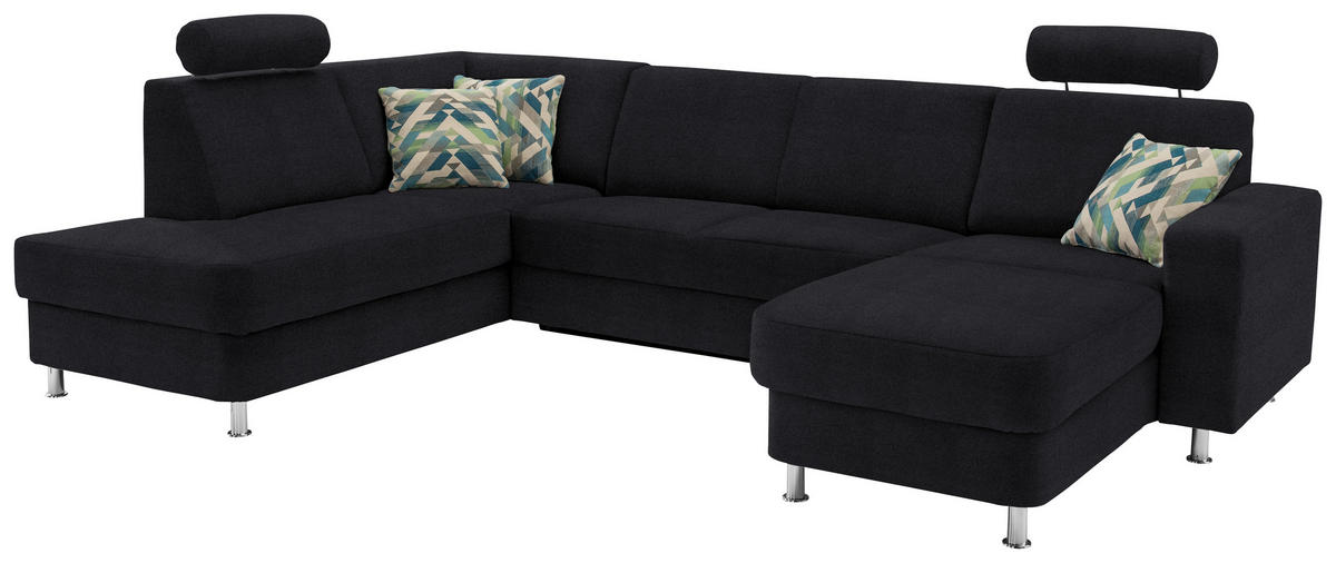 WOHNLANDSCHAFT Schwarz Chenille  - Chromfarben/Schwarz, Design, Kunststoff/Textil (198/301/165cm) - Xora