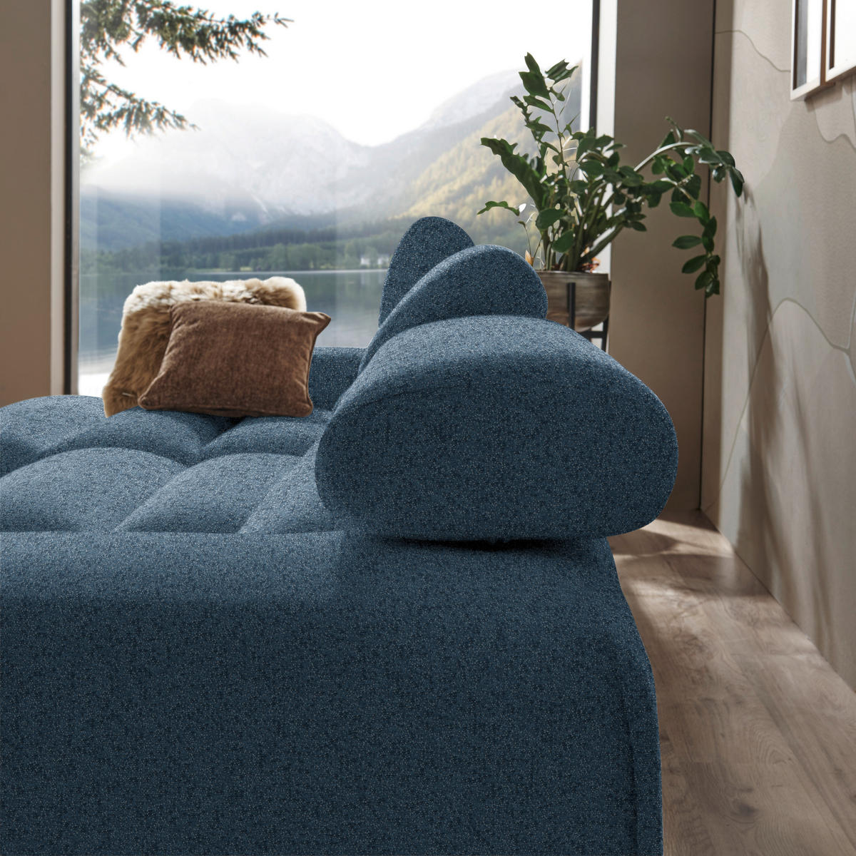 ECKSOFA  in Velours Dunkelblau  150/329 cm  - Dunkelblau, Natur, Holz/Textil (150/329cm) - Lomoco
