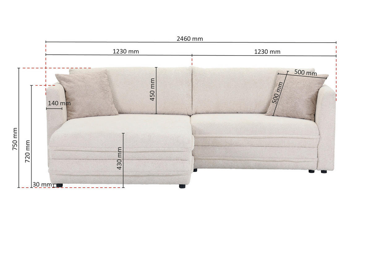 ECKSOFA Creme, Beige Plüsch Zierkissen, Rückenkissen, Bettkasten, Schlaffunktion, Rücken echt, Liegefläche im Originalstoff  - Beige/Creme, MODERN, Kunststoff/Textil (246/178cm) - Carryhome
