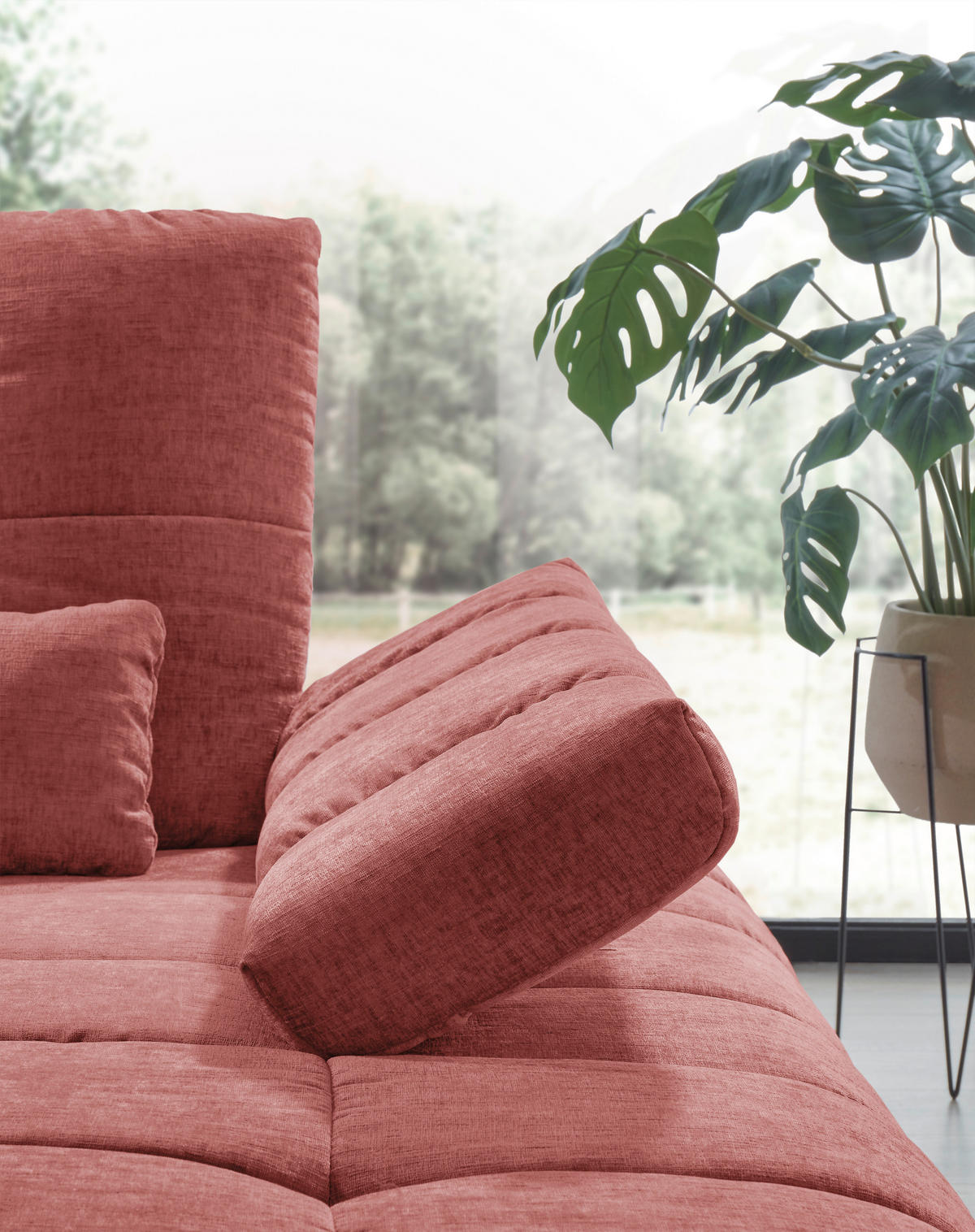 ECKSOFA Weinrot Flachgewebe Rücken echt, Sitztiefenverstellung  - Weinrot/Schwarz, KONVENTIONELL, Textil/Metall (273/211cm) - SetOne by Musterring