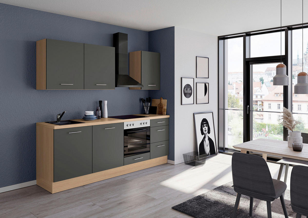 KÜCHENLEERBLOCK 230 cm   in Graphitfarben  - Edelstahlfarben/Eichefarben, Design, Holzwerkstoff/Metall (230cm) - Impuls