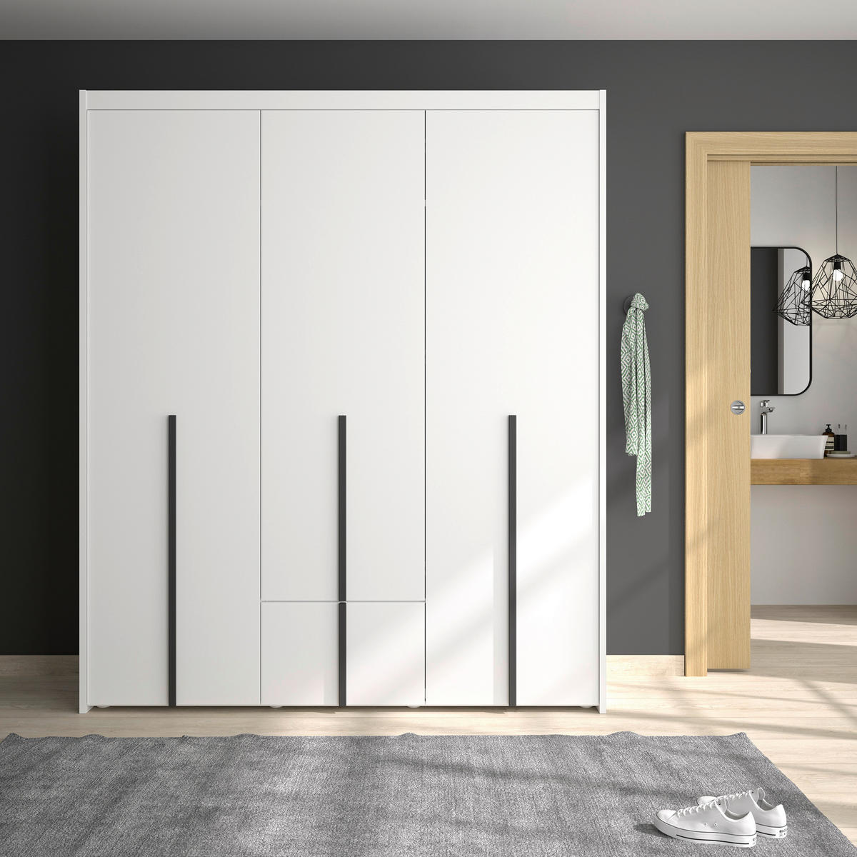 KLEIDERSCHRANK 3-türig Weiß  - Schwarz/Weiß, MODERN, Holzwerkstoff (181/215/60cm) - MID.YOU
