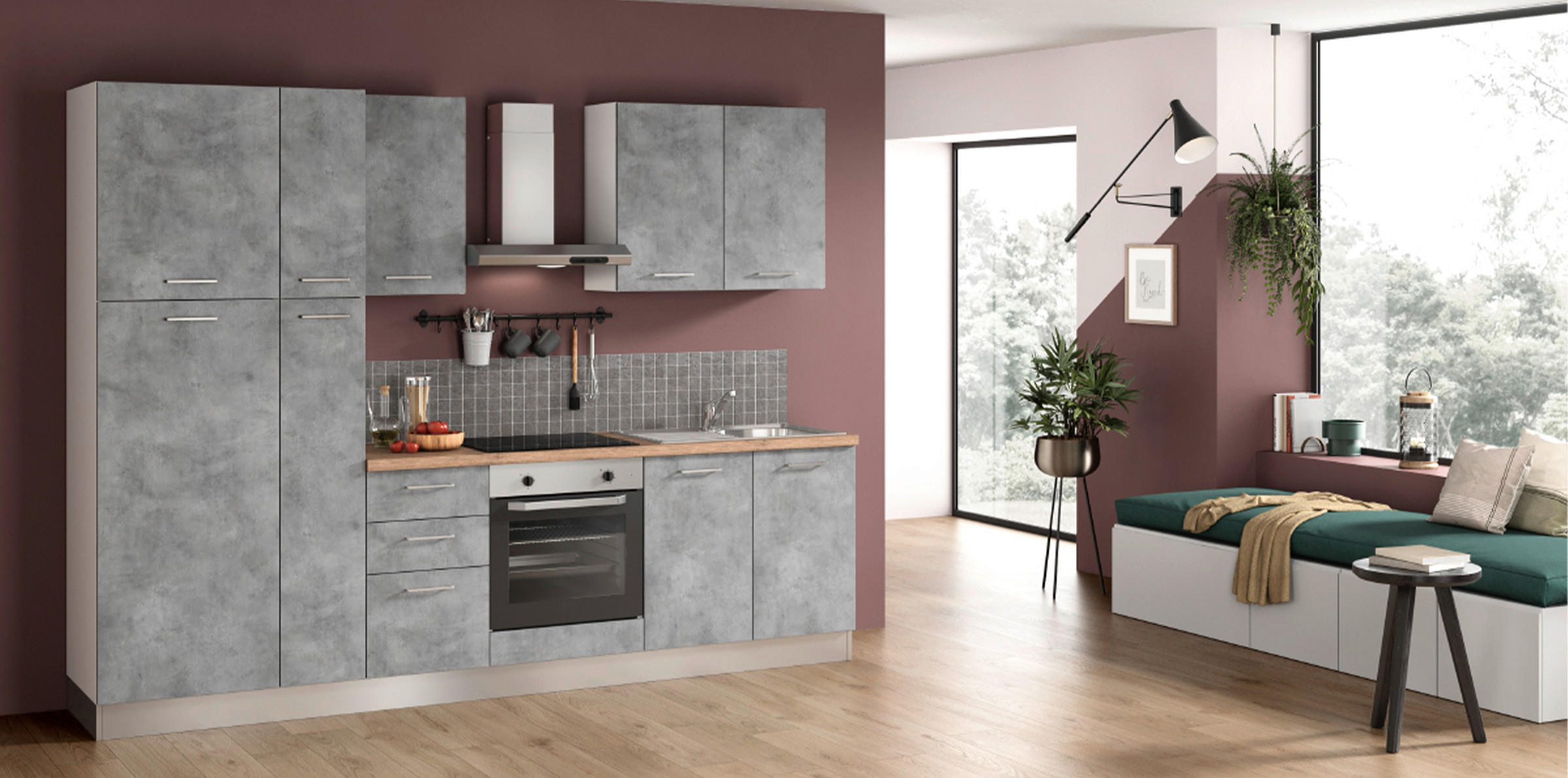 KÜCHENBLOCK 285 cm   in Weiß, Hellgrau, Eiche Bianco  - Eiche Bianco/Edelstahlfarben, LIFESTYLE, Kunststoff/Metall (285cm) - MID.YOU