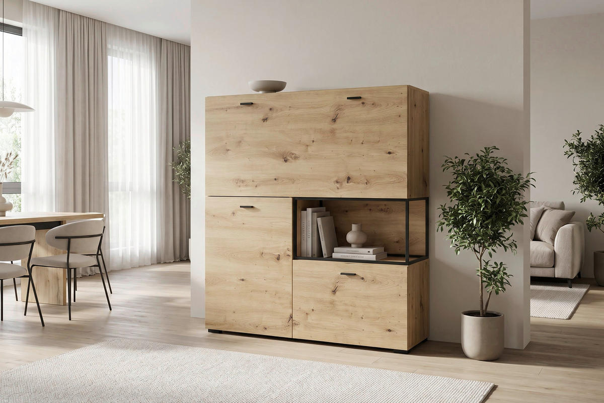 HIGHBOARD FRAME, 120/127/40 cm,  - Schwarz/Eiche Artisan, MODERN, Holzwerkstoff/Metall (120/127/40cm) - MID.YOU