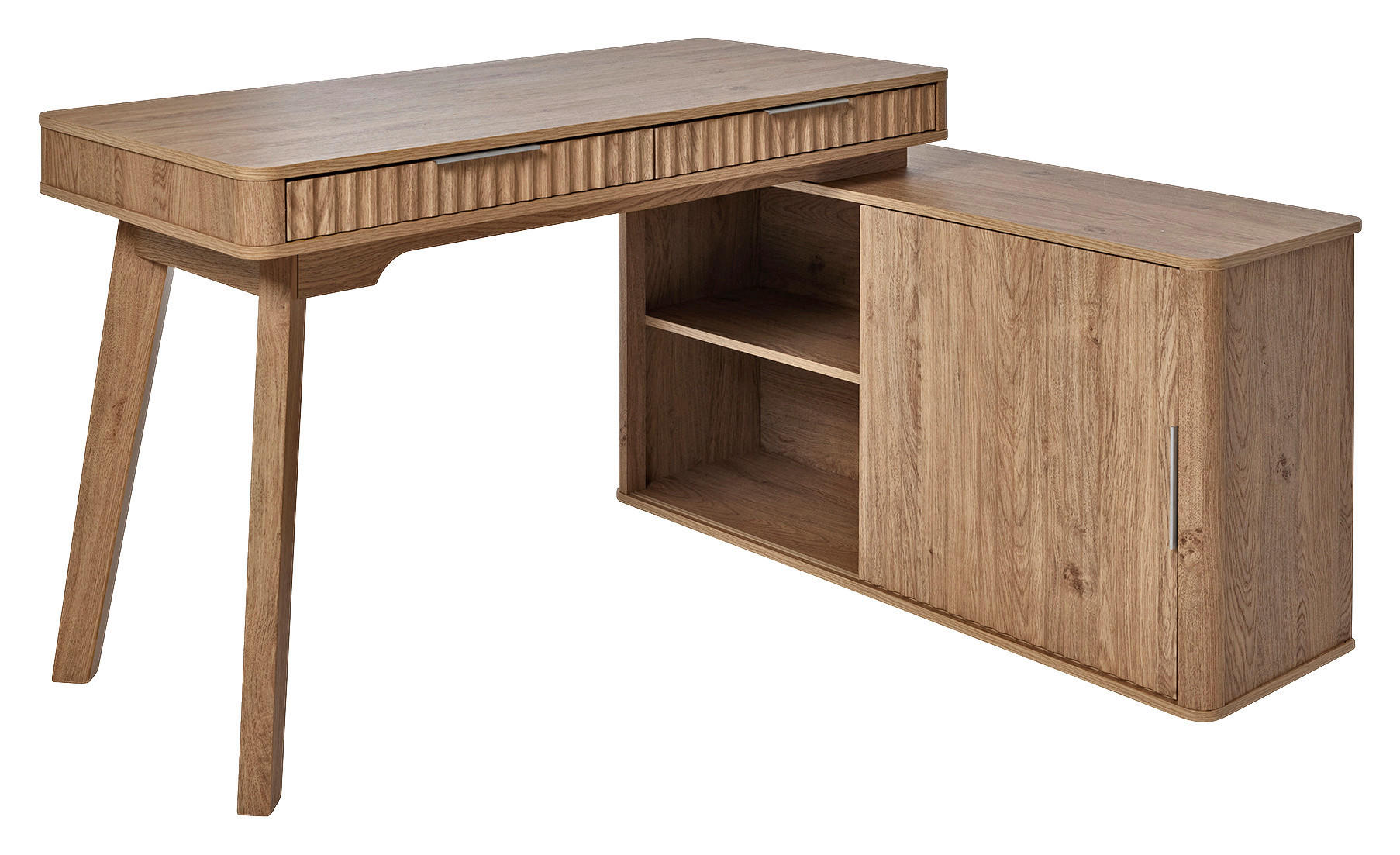 ECKSCHREIBTISCH 142/120/78,2 cm Eichefarben Kabeldurchlass, Stauraum, seitenverkehrt montierbar  - Eichefarben/Silberfarben, MODERN, Holzwerkstoff/Metall (142/120/78,2cm)
