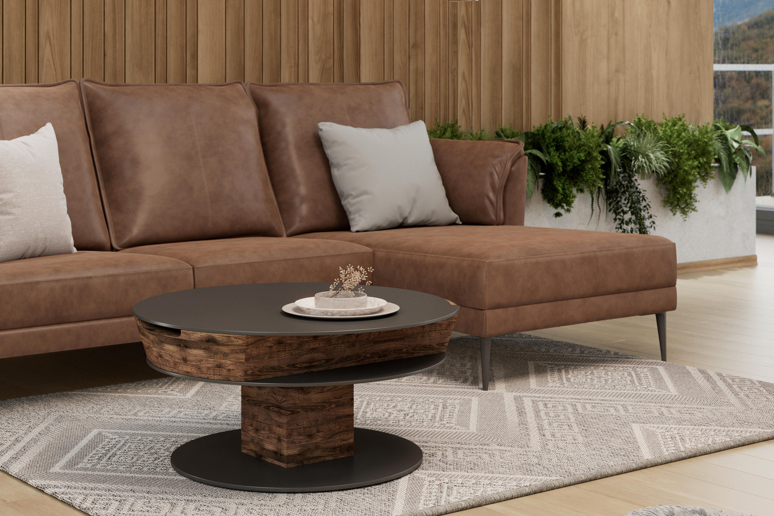 COUCHTISCH Wildwalnuss furniert ESG, Parsolglas 80/80/38-58 cm rund Walnussfarben  - Walnussfarben, Design, Glas/Holz (80/80/38-58cm) - Voglauer