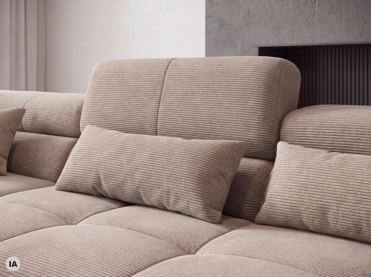 ECKSOFA Sandfarben Feincord Rücken echt, Kopfteilverstellung, Sitztiefenverstellung  - Sandfarben/Schwarz, KONVENTIONELL, Textil/Metall (226/293cm) - Hom`in