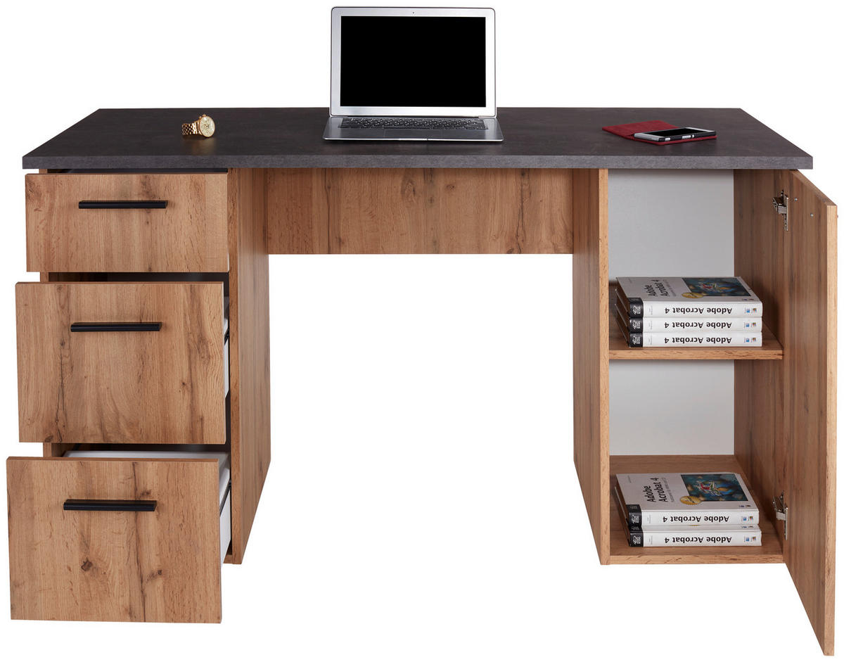 PISALNA MIZA leseni material barve hrasta  - barve hrasta/barve aluminija, Moderno, umetna masa/leseni material (138/76/60cm) - Carryhome