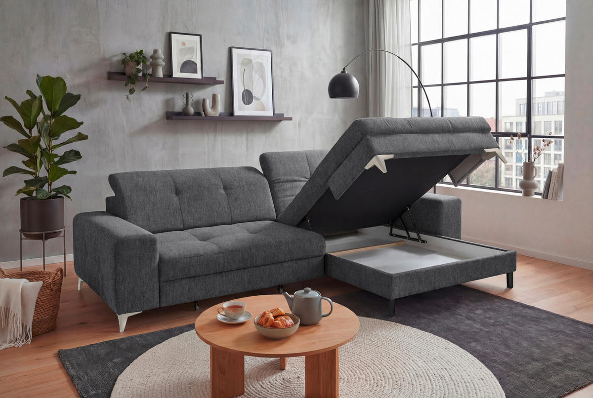 ECKSOFA SORELLA in Mikrovelours Anthrazit Kopfteilverstellung, Sitztiefenverstellung  328/182 cm  - Kaschmir/Anthrazit, Design, Kunststoff/Textil (328/182cm) - MID.YOU