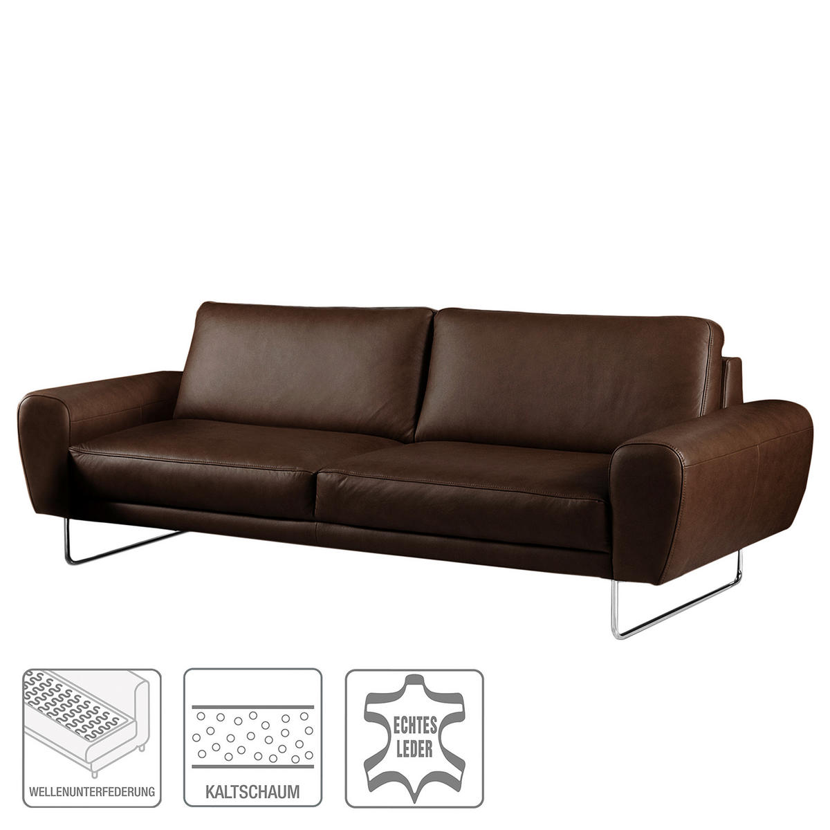 3-SITZER-SOFA in Leder Dunkelbraun  - Chromfarben/Dunkelbraun, Design, Leder/Metall (207/85/92cm) - Livetastic