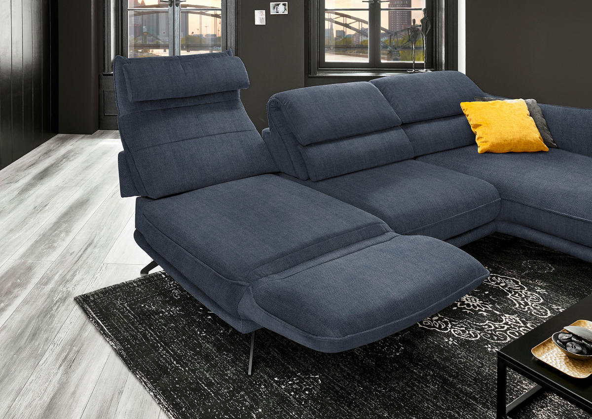 ECKSOFA in Velours Blau  - Blau/Schwarz, Design, Textil/Metall (283/153cm) - Valdera