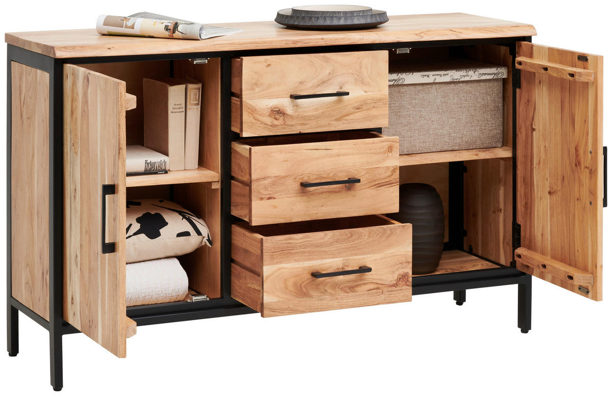 SIDEBOARD  130/80/40 cm 3 Schublade(n)  - Schwarz/Akaziefarben, LIFESTYLE, Holz/Metall (130/80/40cm) - Landscape