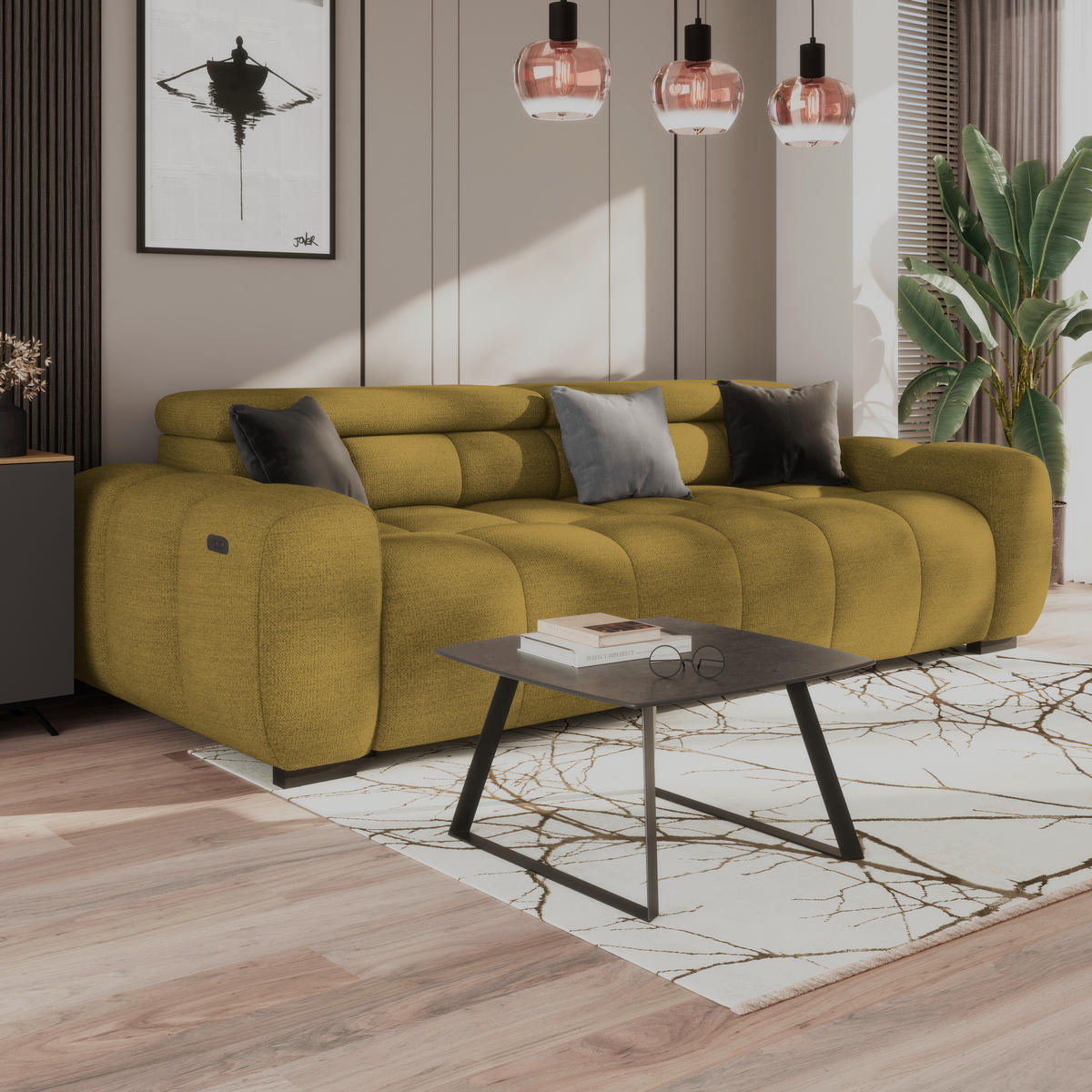 BIGSOFA Webstoff Grün, Senfgelb  - Senfgelb/Schwarz, Design, Kunststoff/Textil (248/77-97/108cm) - Welnova