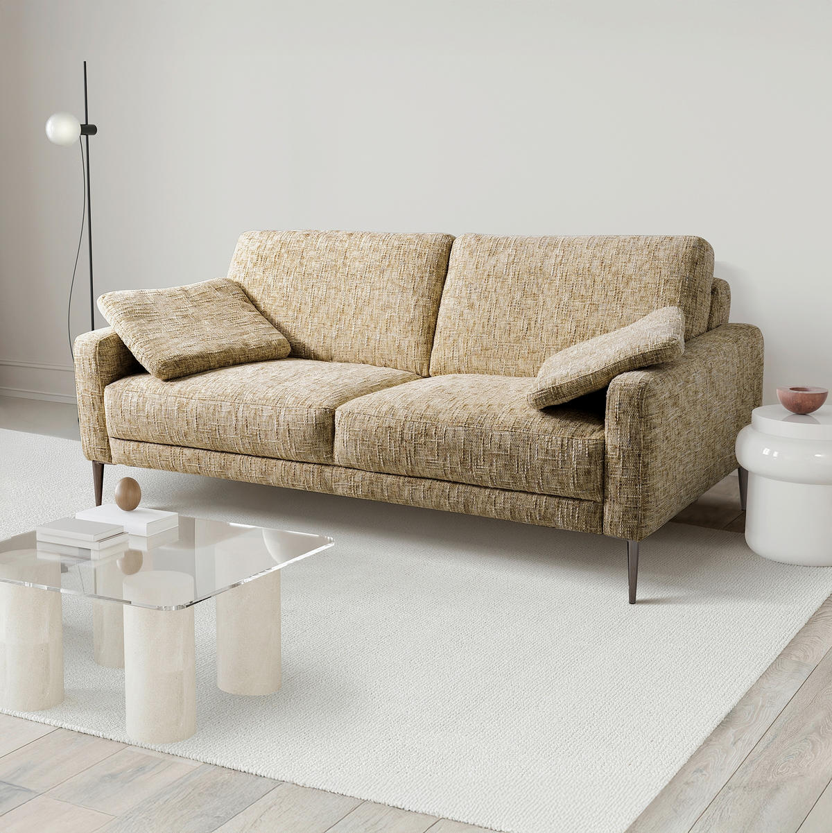 3-SITZER-SOFA Webstoff Hellbraun  - Hellbraun/Schwarzchrom, Design, Textil/Metall (187/85/92cm) - Livetastic