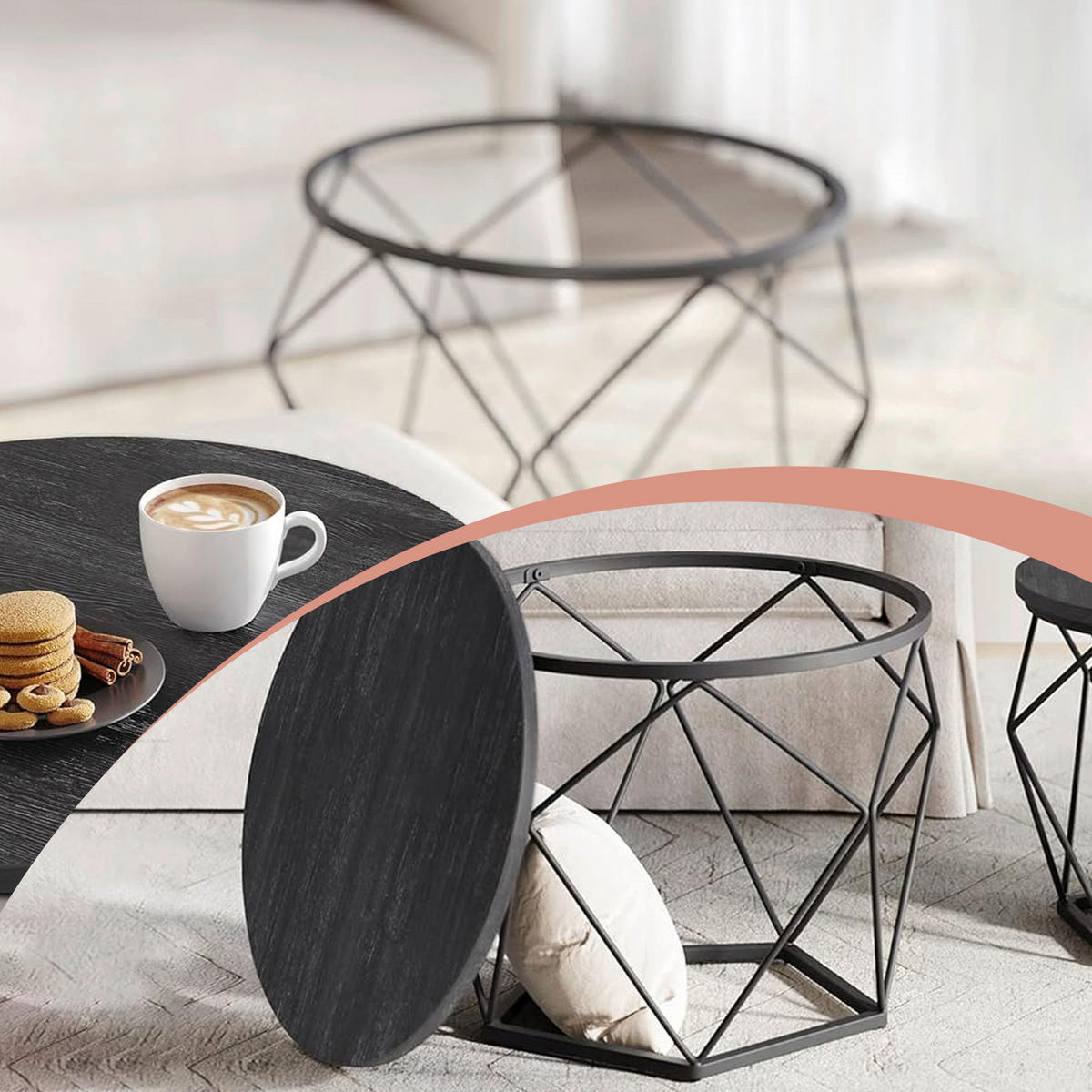 COUCHTISCHSET in Metall, Holzwerkstoff 60/60/45 cm  - Schwarz/Grau, MODERN, Holzwerkstoff/Metall (60/60/45cm) - MID.YOU