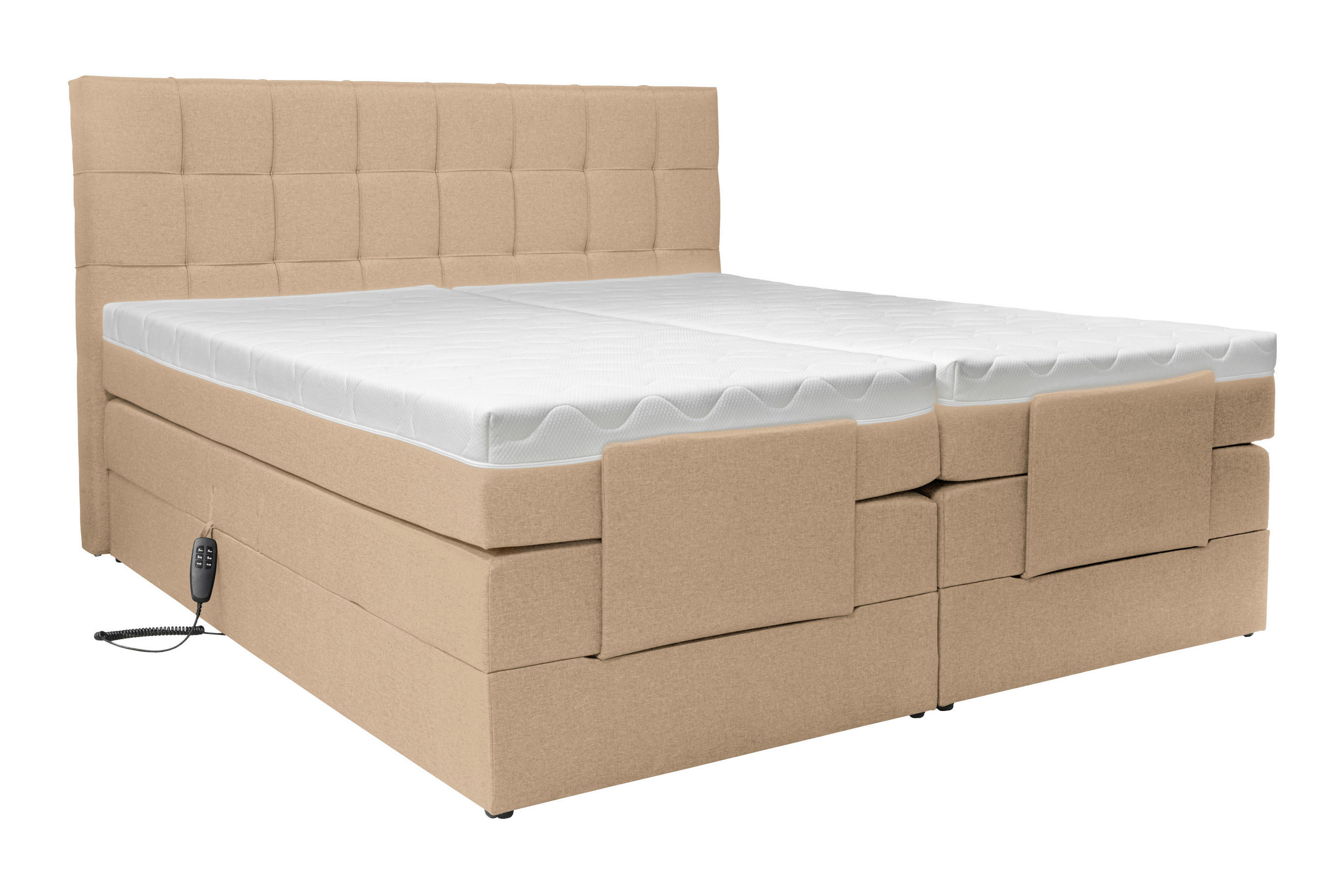 BOXSPRINGBETT 180/200 cm,  in Beige, gepolstertes Kopfteil, Topper, motorische Verstellbarkeit, Fernbedienung, Matratzen, H3 = fest  - Beige/Schwarz, Basics, Kunststoff/Textil (180/200cm) - Moderano