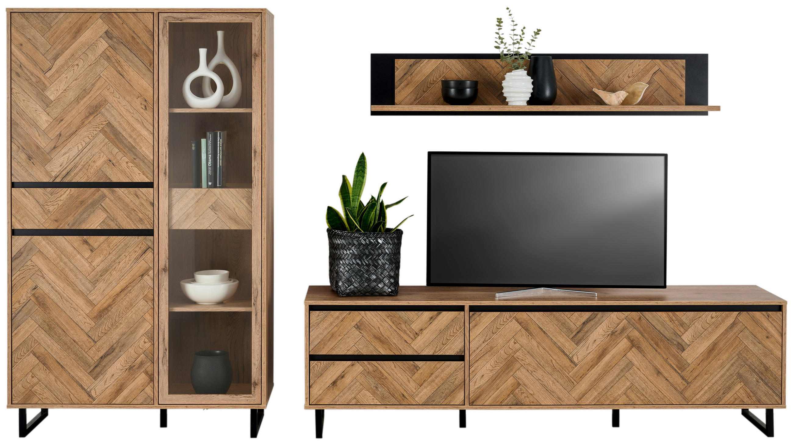 Thumbnail - Hom`in Tv-Element, Schwarz, Eiche, Holzwerkstoff, 2 Schublade(n) Schubladen, 186.4x53.8x42 cm, Kleinmöbel