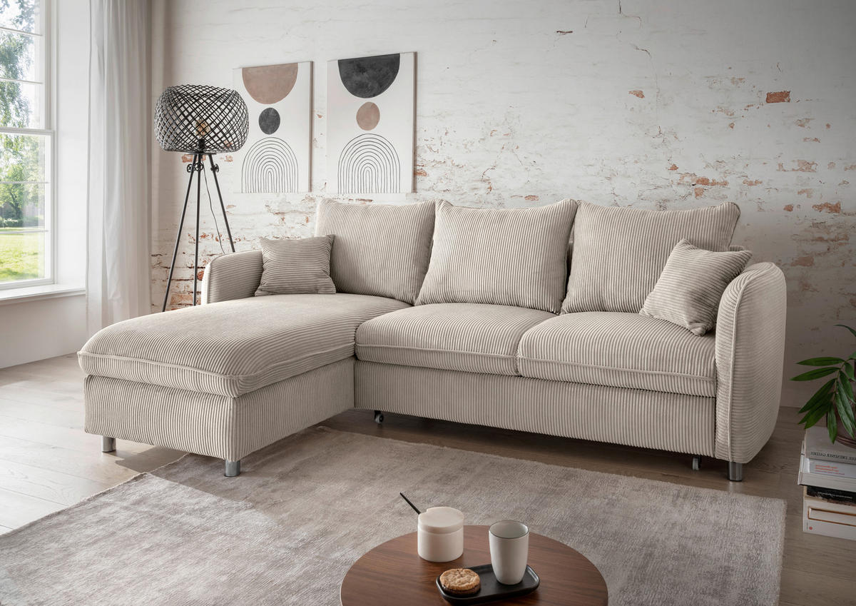 ECKSCHLAFSOFA in Cord Beige  - Chromfarben/Beige, Modern, Textil/Metall (254/160cm) - Livetastic