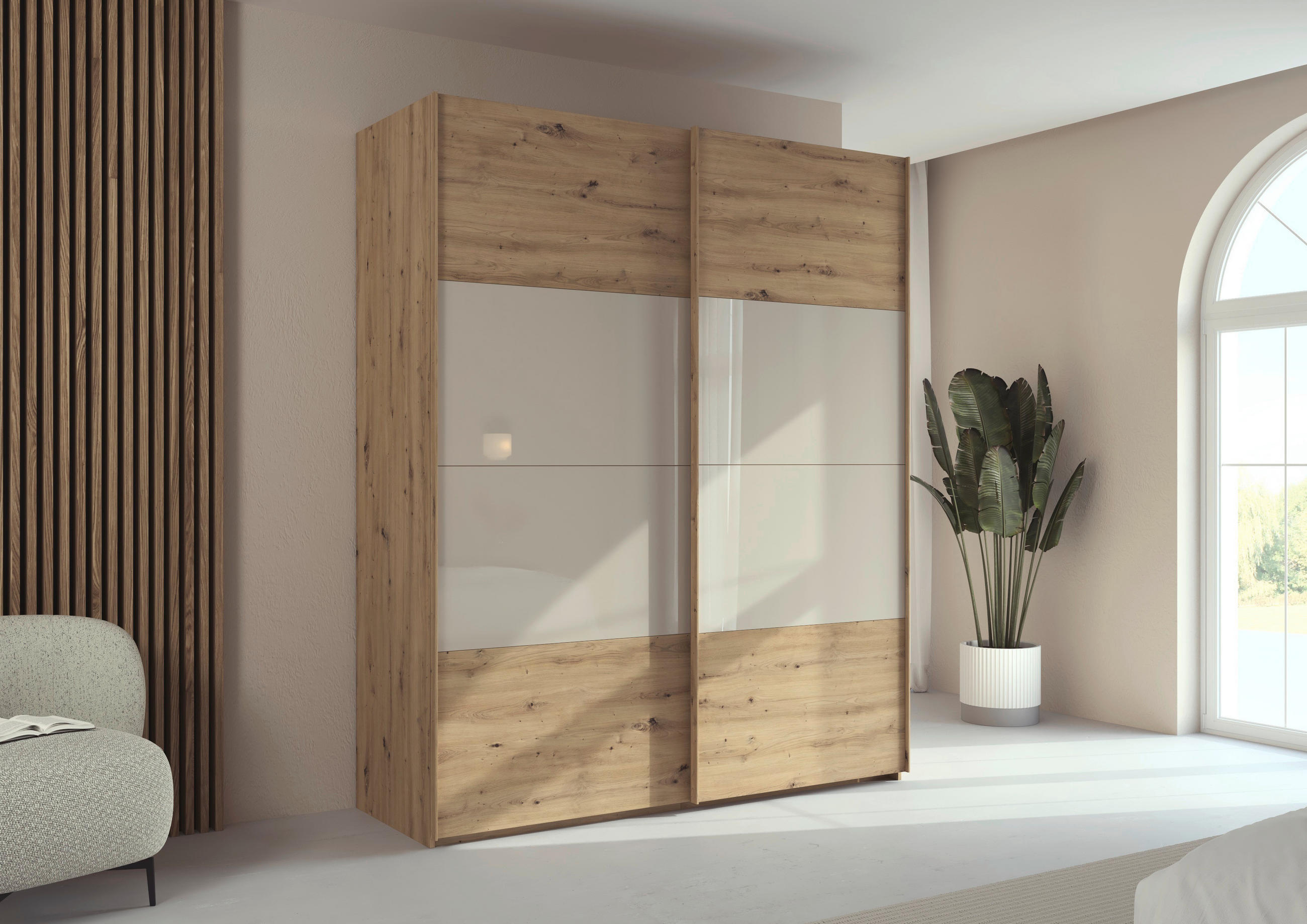 SCHWEBETÜRENSCHRANK 181/223/68 cm 2-türig Champagner, Eiche Artisan  - Champagner/Eichefarben, Design, Glas/Holzwerkstoff (181/223/68cm) - Xora