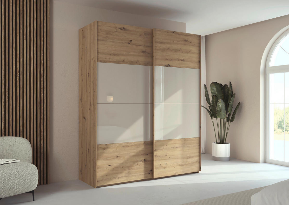 SCHWEBETÜRENSCHRANK 181/223/68 cm 2-türig Champagner, Eiche Artisan  - Champagner/Eichefarben, Design, Glas/Holzwerkstoff (181/223/68cm) - Xora