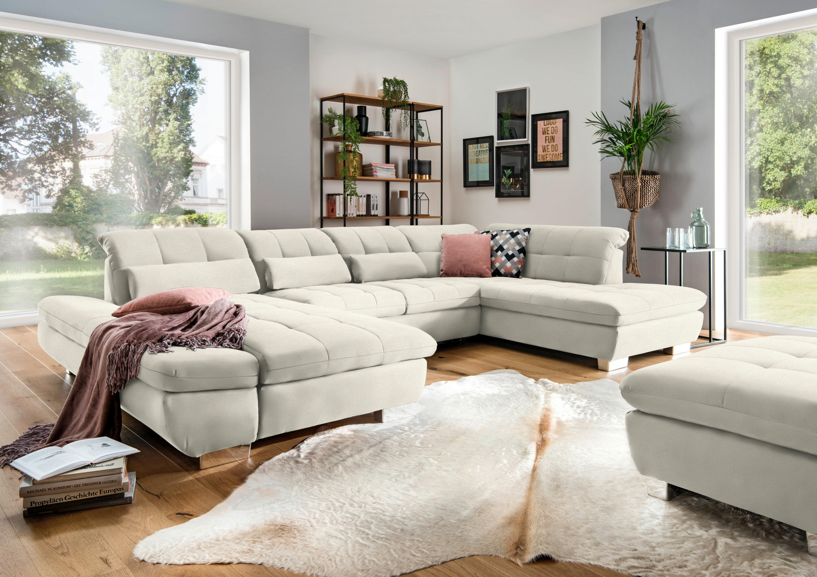 WOHNLANDSCHAFT in Mikrofaser Weiß  - Chromfarben/Weiß, Design, Kunststoff/Textil (204/350/211cm) - Xora