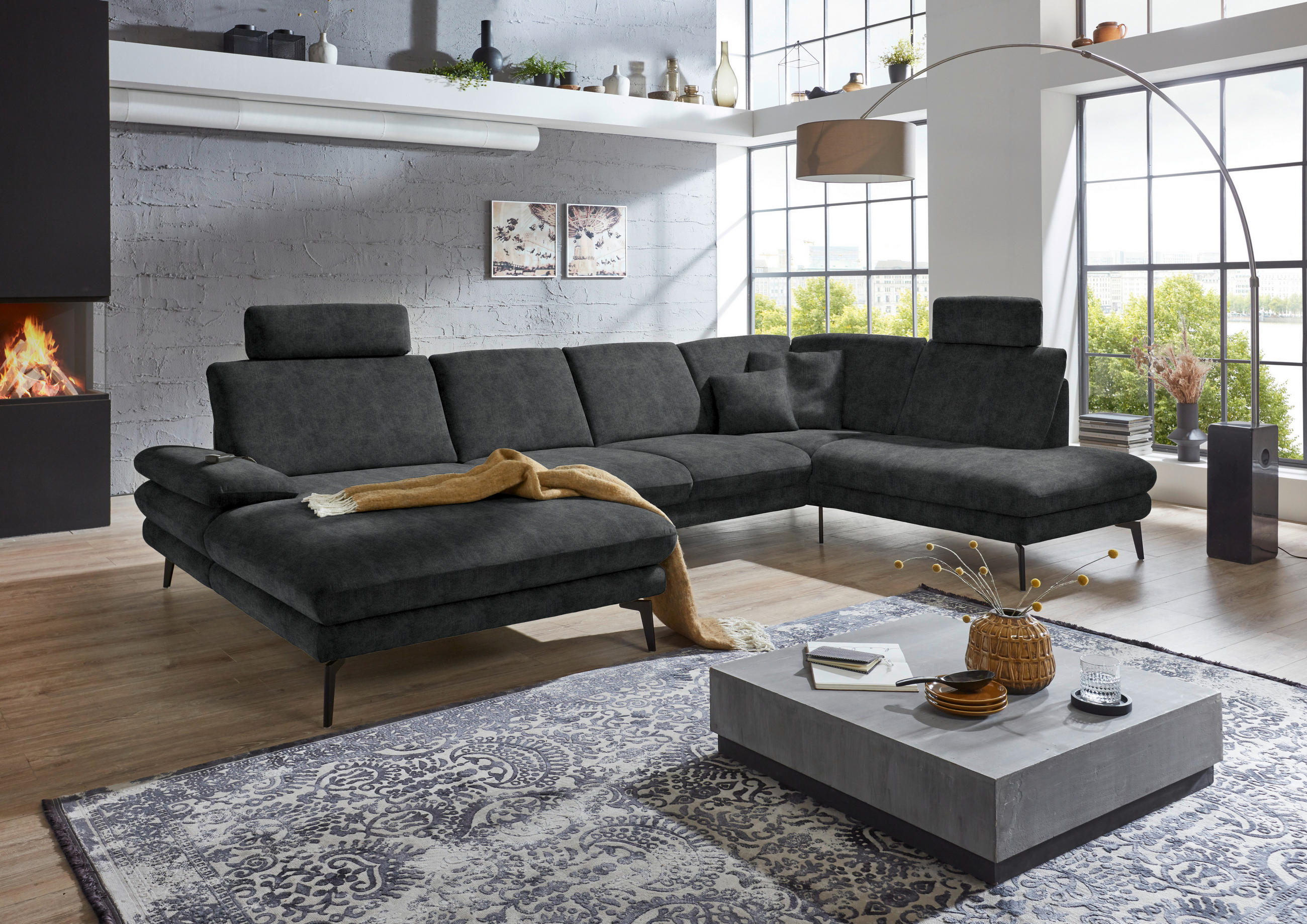 WOHNLANDSCHAFT in Velours Anthrazit  - Anthrazit/Schwarz, Design, Textil/Metall (180/344/208cm) - Dieter Knoll