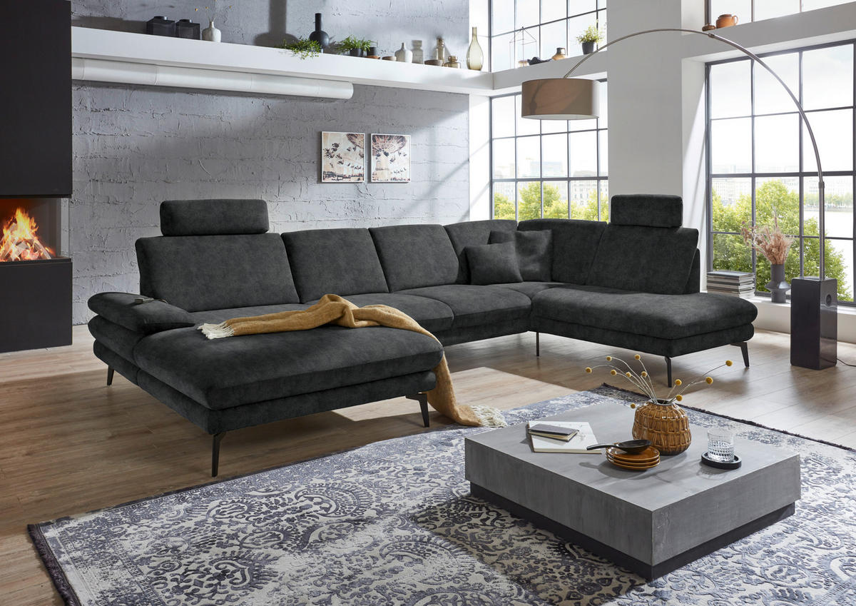 WOHNLANDSCHAFT in Velours Anthrazit  - Anthrazit/Schwarz, Design, Textil/Metall (180/344/208cm) - Dieter Knoll