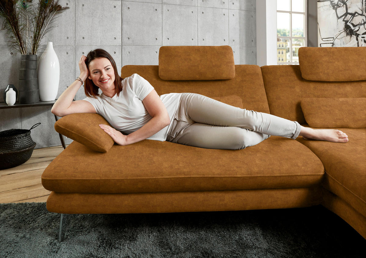 ECKSOFA in Velours Cognac  - Cognac/Schwarz, Design, Textil/Metall (284/184cm) - Dieter Knoll