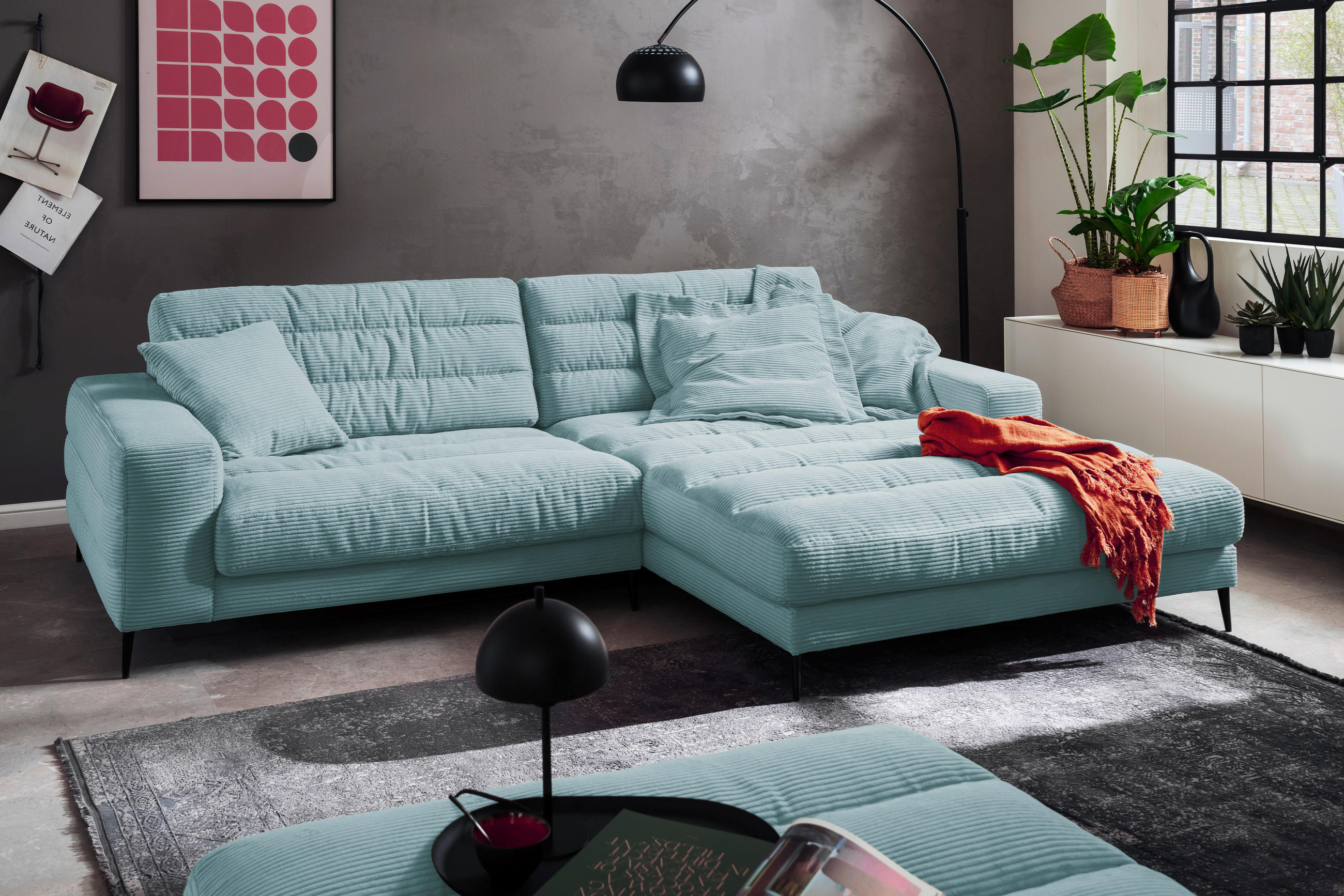 SEDEŽNA GARNITURA, rebrasti žamet svetlo modra  - svetlo modra/črna, Design, kovina/tekstil (296/207cm) - Pure Home Lifestyle