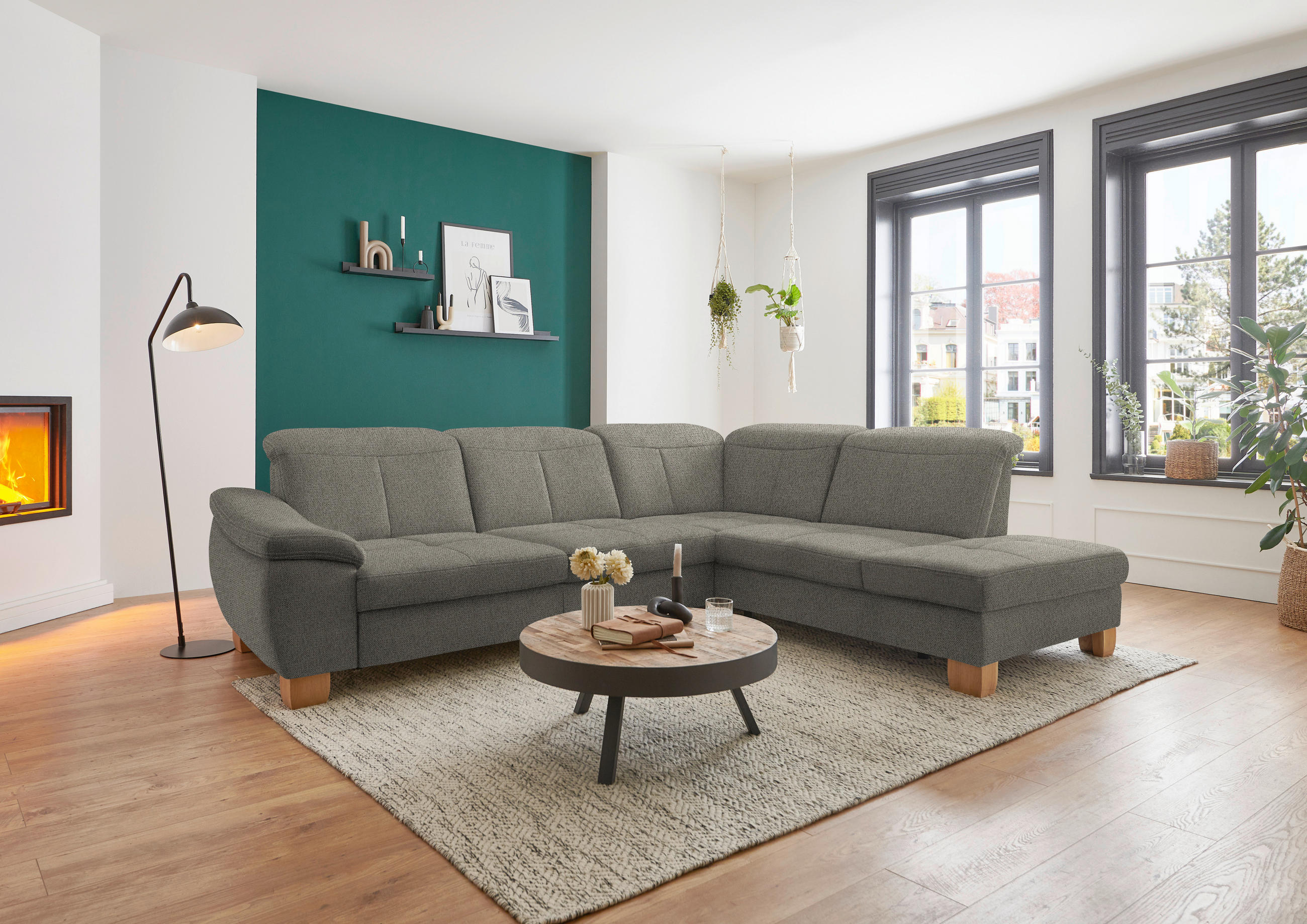 ECKSOFA in Flachgewebe Braun, Grün  - Wildeiche/Braun, Natur, Holz/Textil (301/243cm) - Voleo