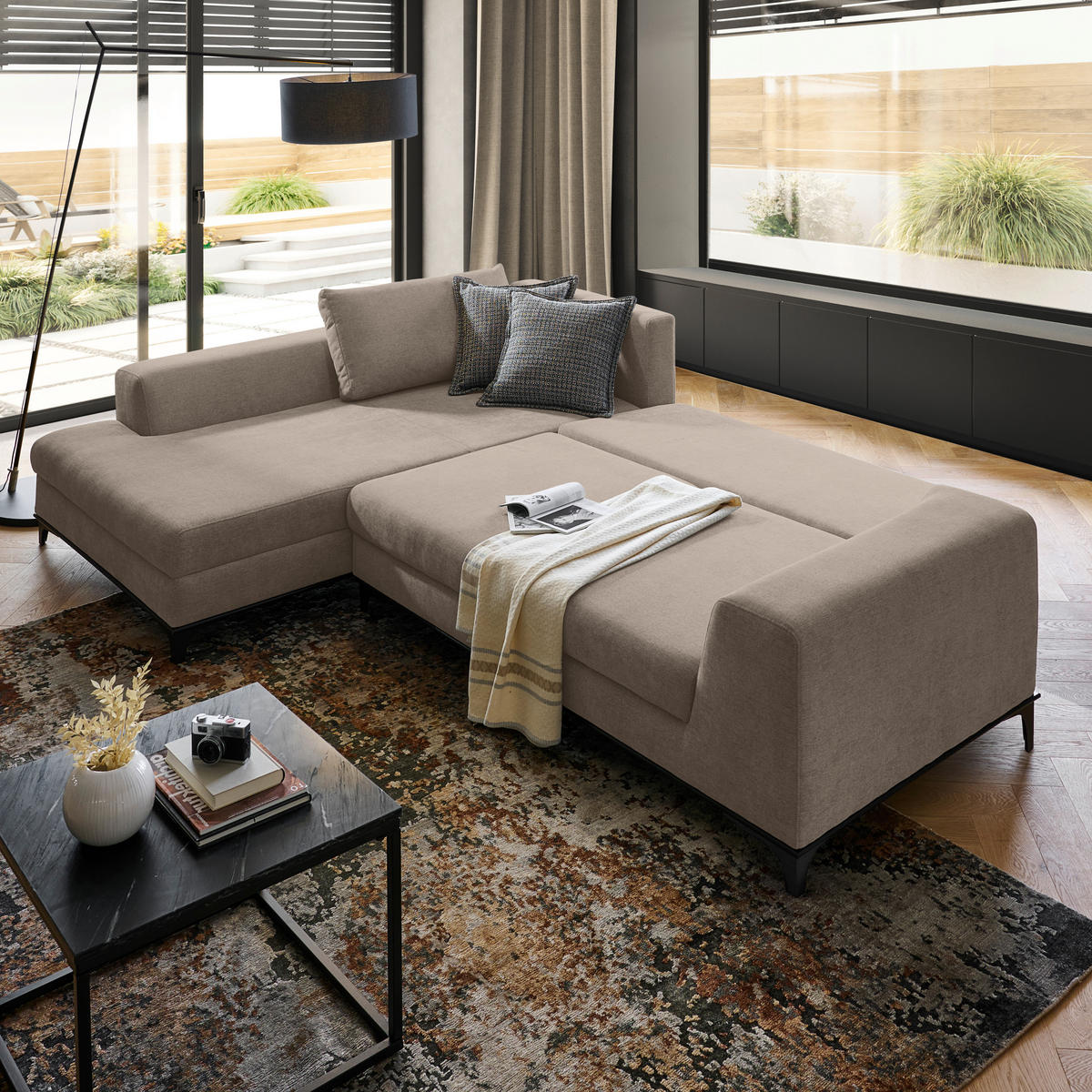 ECKSOFA inkl. Funktionen Greige Webstoff  inkl. Rückenkissen, Bettkasten, Schlaffunktion, Rücken echt  - Wengefarben/Greige, Design, Holz/Textil (211/314cm) - Stylife