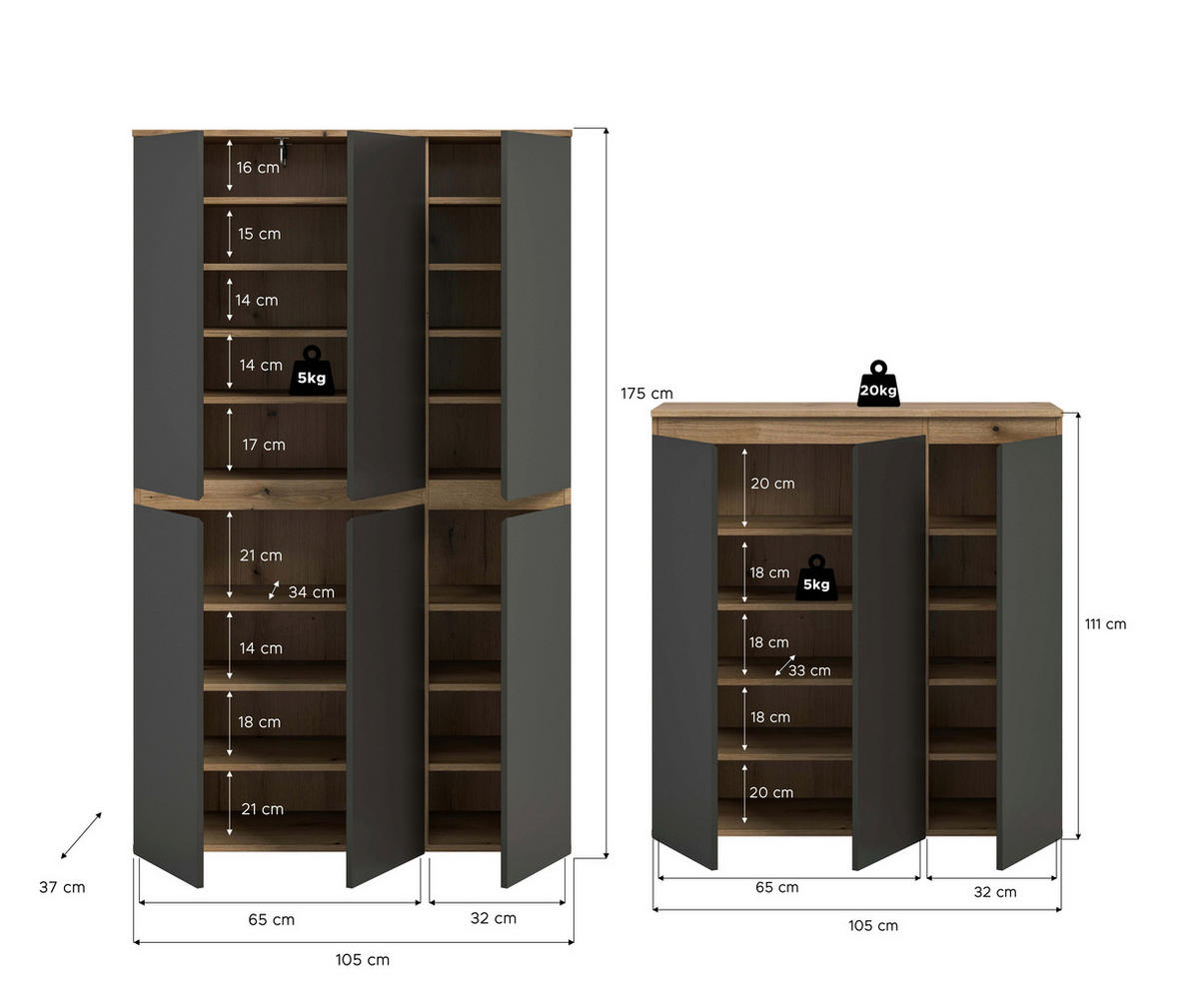 GARDEROBENSCHRANK  in 235/175/37 cm  - Eichefarben/Anthrazit, Design, Holzwerkstoff/Kunststoff (235/175/37cm) - Livetastic