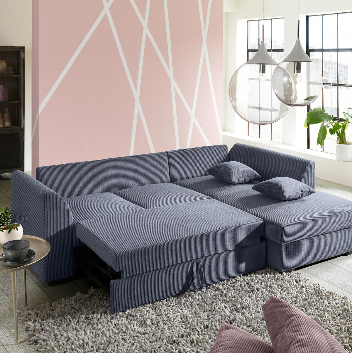 ECKSOFA in Cord Grau  - Schwarz/Grau, Design, Kunststoff/Textil (259/174cm) - Cantus