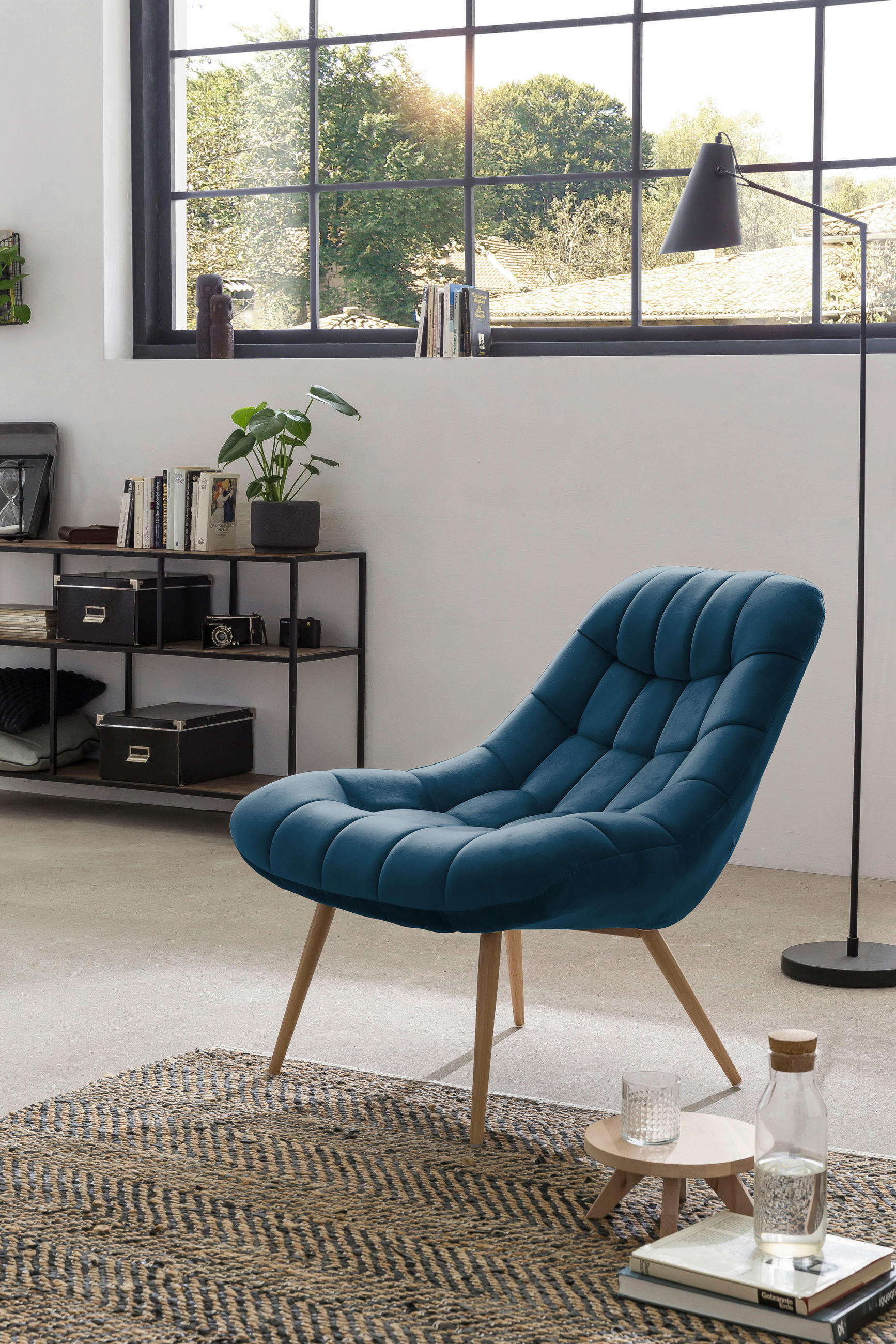 XXL-SESSEL Samt Blau, Naturfarben    - Blau/Naturfarben, MODERN, Textil/Metall (76/85,6/85,6cm) - Livetastic