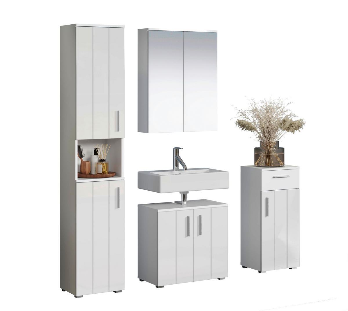 BADEZIMMER 4-teilig  in 164 cm  - Weiß Hochglanz/Silberfarben, Trend, Glas/Holzwerkstoff (164cm) - MID.YOU