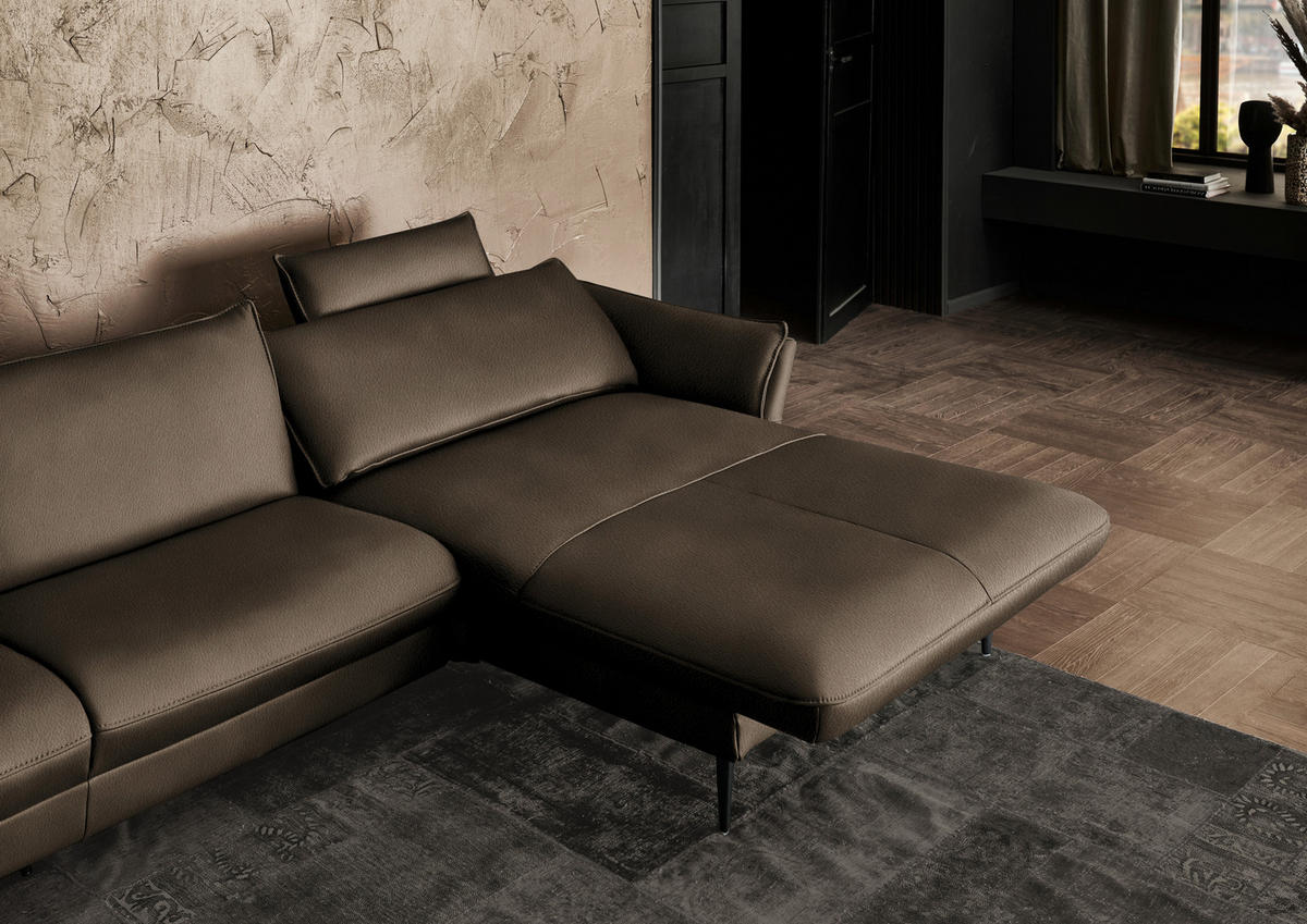 ECKSOFA in Echtleder Dunkelbraun  - Dunkelbraun/Schwarz, Design, Leder/Metall (334/172cm) - Hukla