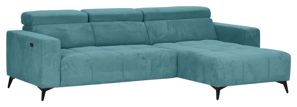 ECKSOFA Petrol Cord Rücken echt, Kopfteilverstellung, Sitzvorzug  - Petrol/Schwarz, KONVENTIONELL, Textil/Metall (257/170cm) - Carryhome