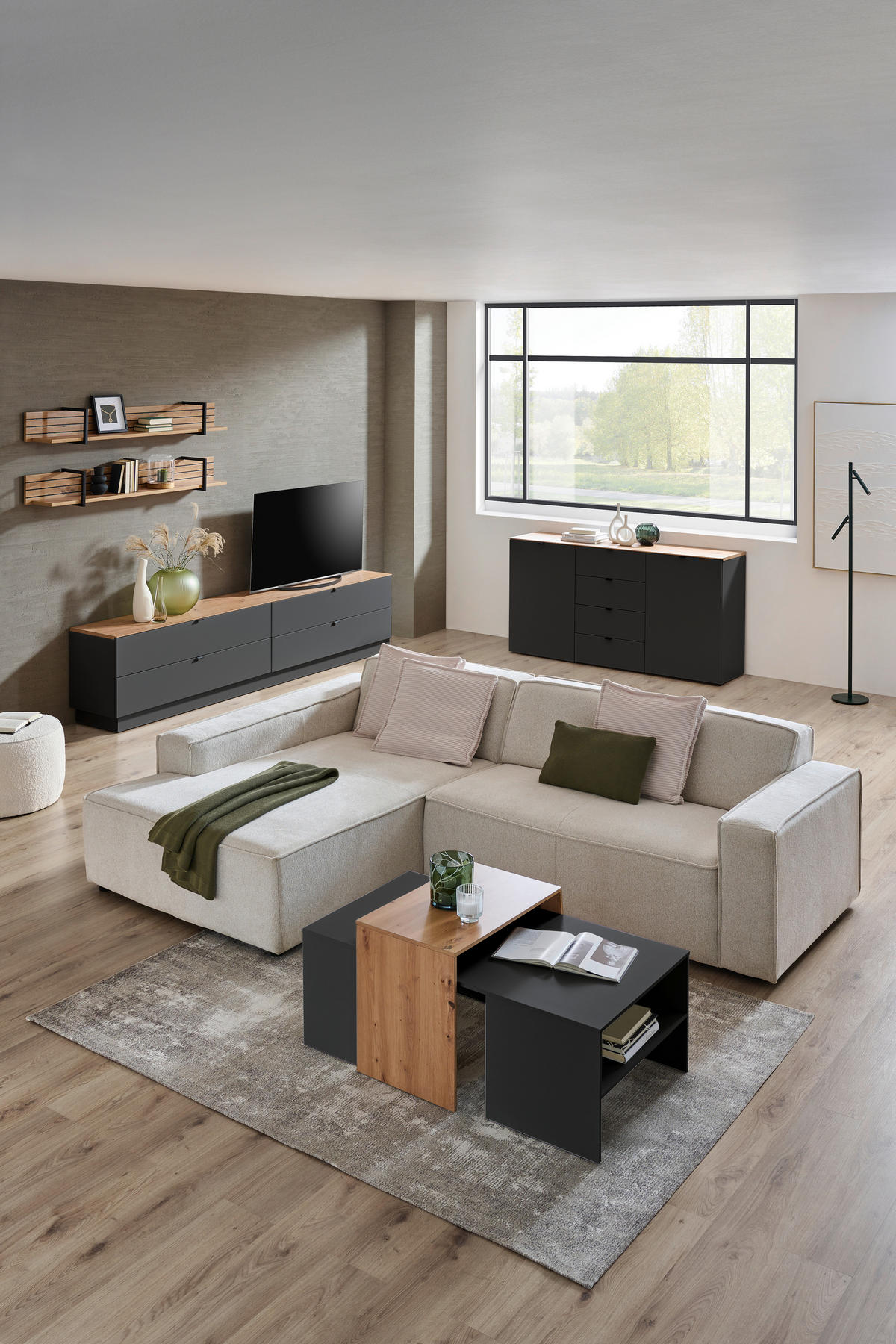 TV DIEL, grafitová, dub artisan, 140/62/44 cm - čierna/grafitová, Modern, kov/kompozitné drevo (140/62/44cm) - Hom`in