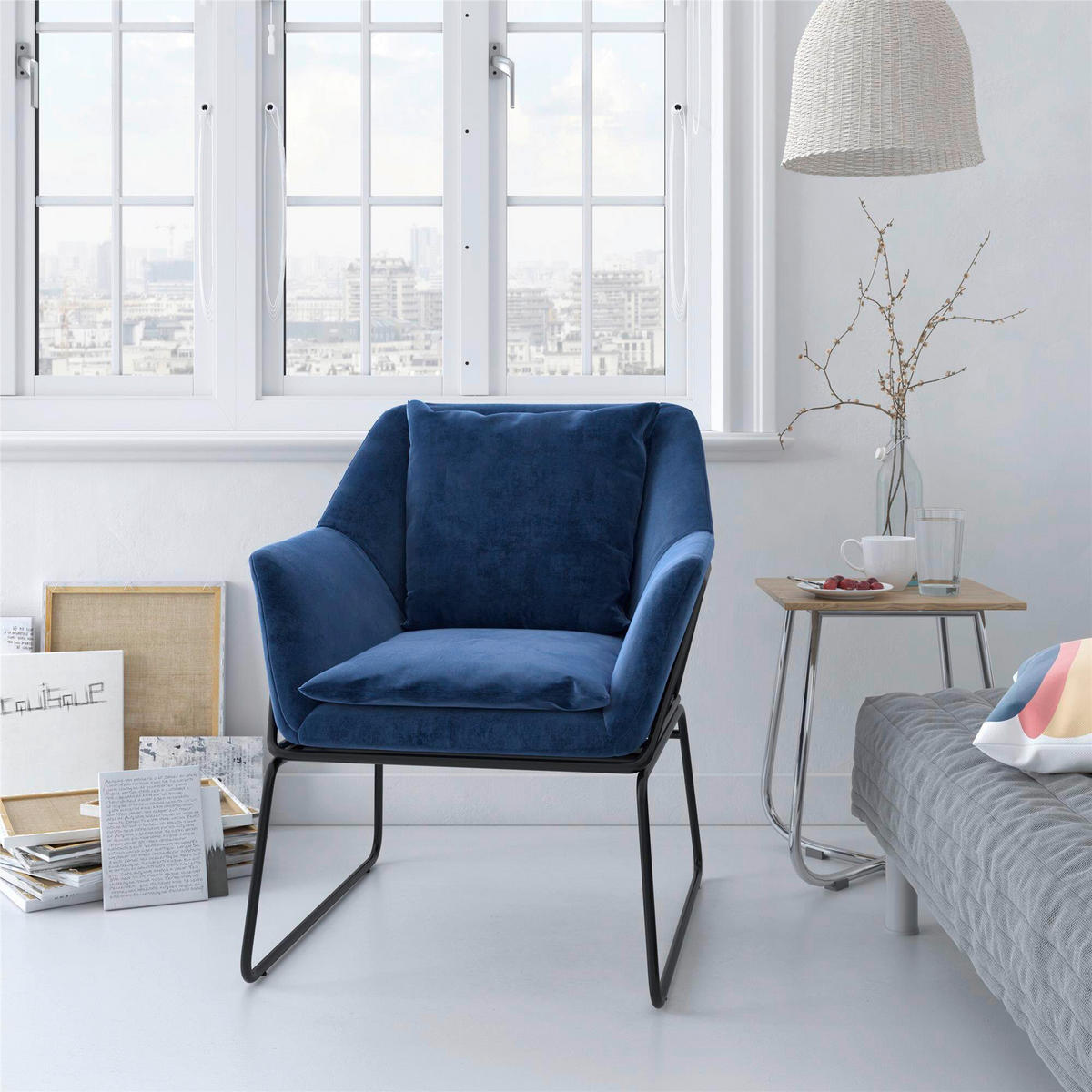 STUHL  in Stahl Velours  - Blau/Schwarz, Design, Textil/Metall (71/81/66cm) - MID.YOU