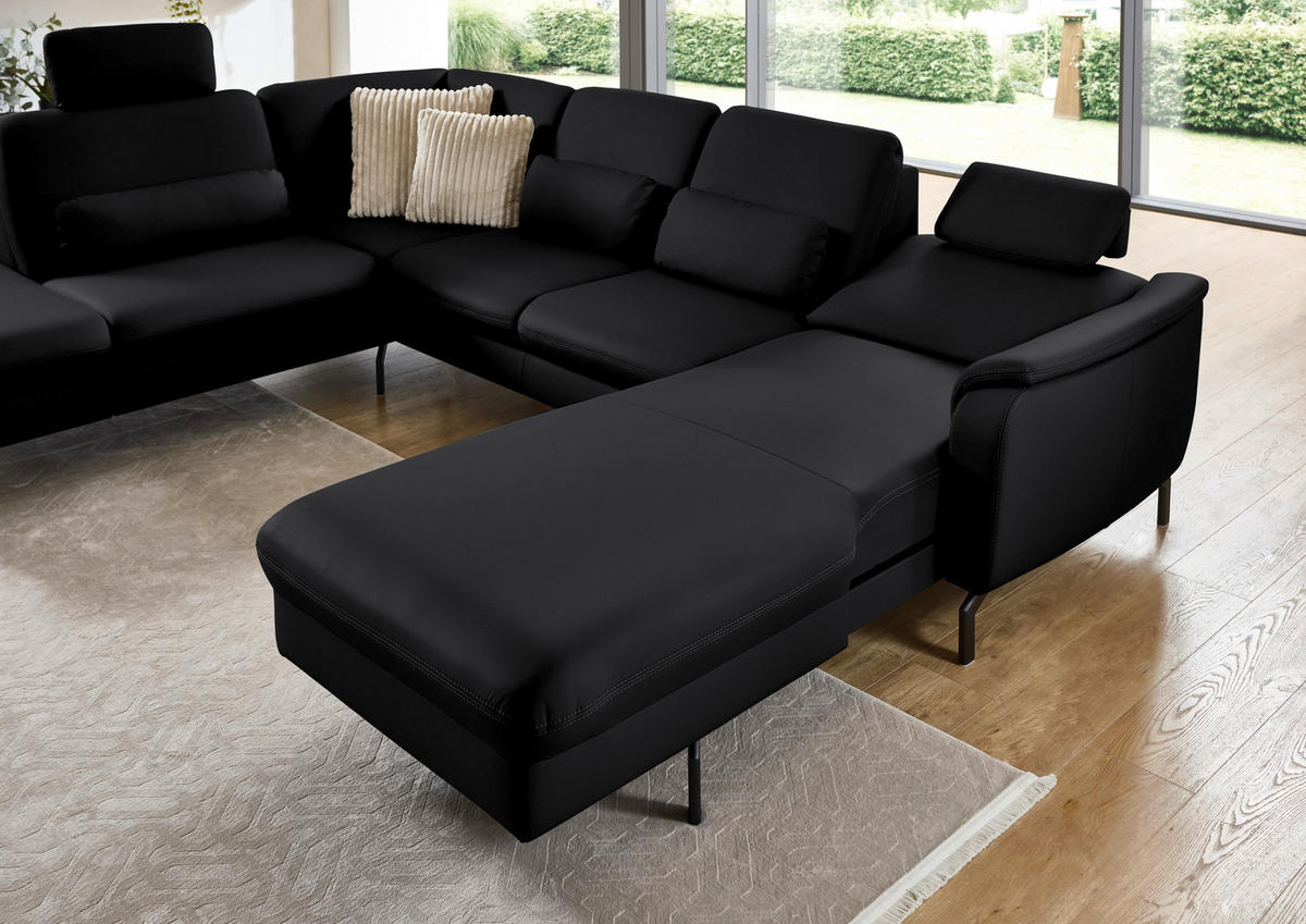 WOHNLANDSCHAFT Echtleder Schwarz  - Schwarz, Konventionell, Leder/Metall (224/306/168cm) - Beldomo Premium