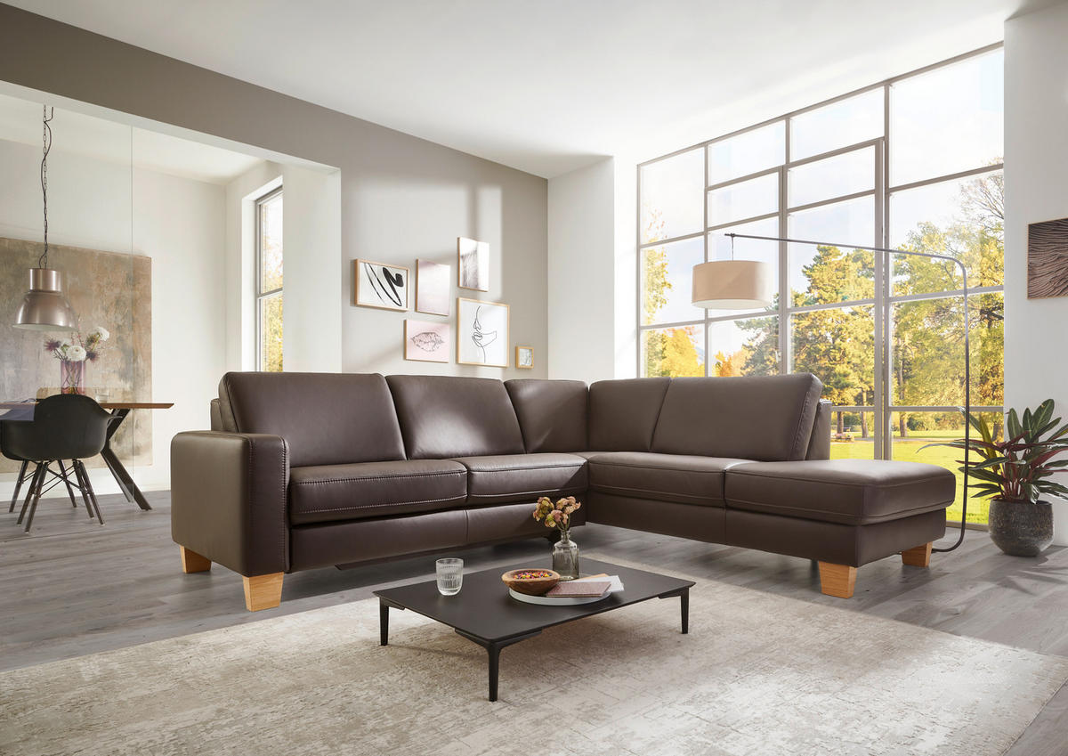 ECKSOFA Echtleder Dunkelbraun  - Eiche Bianco/Dunkelbraun, Natur, Leder/Holz (257/235cm) - Valdera