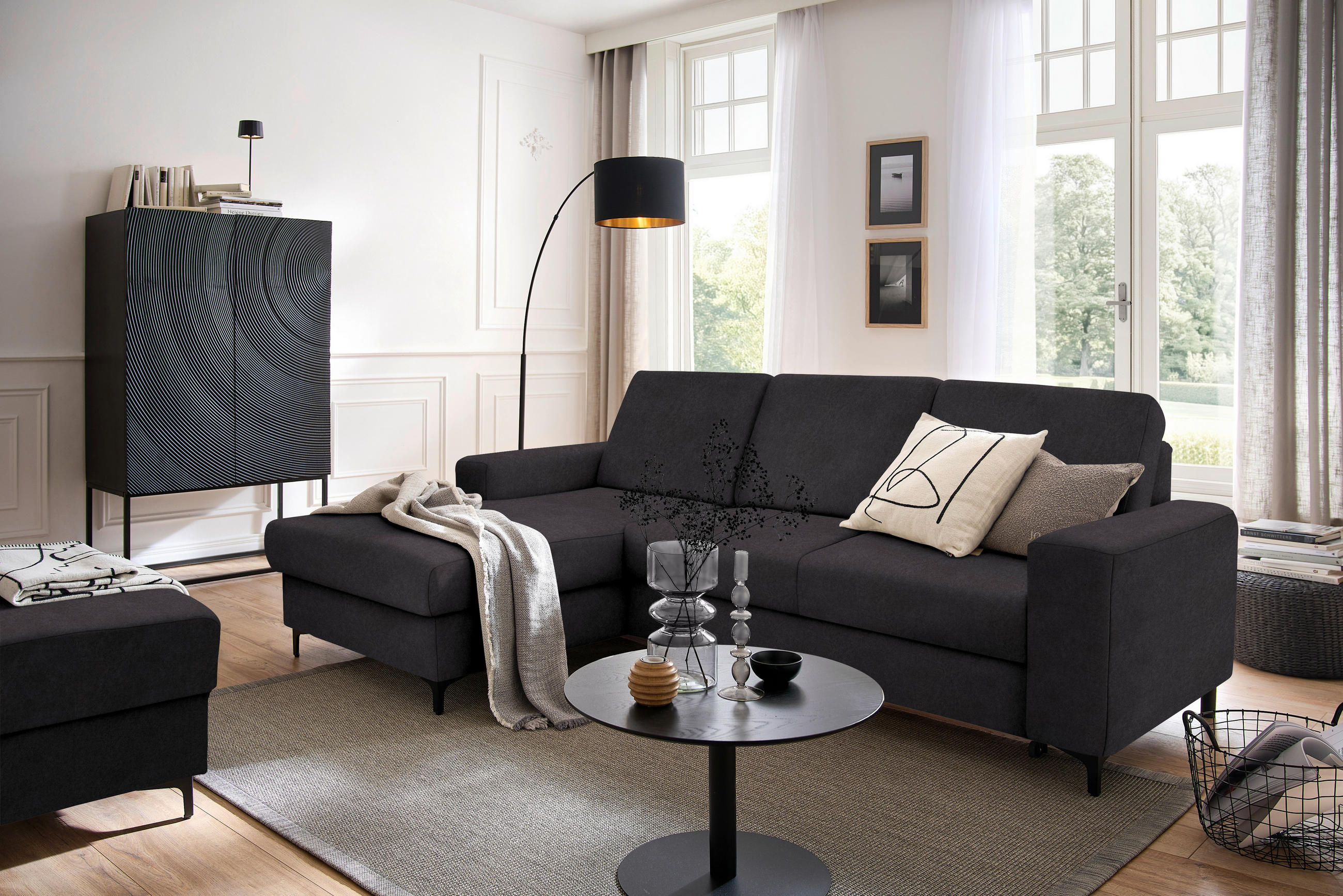 ECKSOFA in Velours Anthrazit  - Anthrazit/Schwarz, Konventionell, Textil/Metall (167/247cm) - Stylife