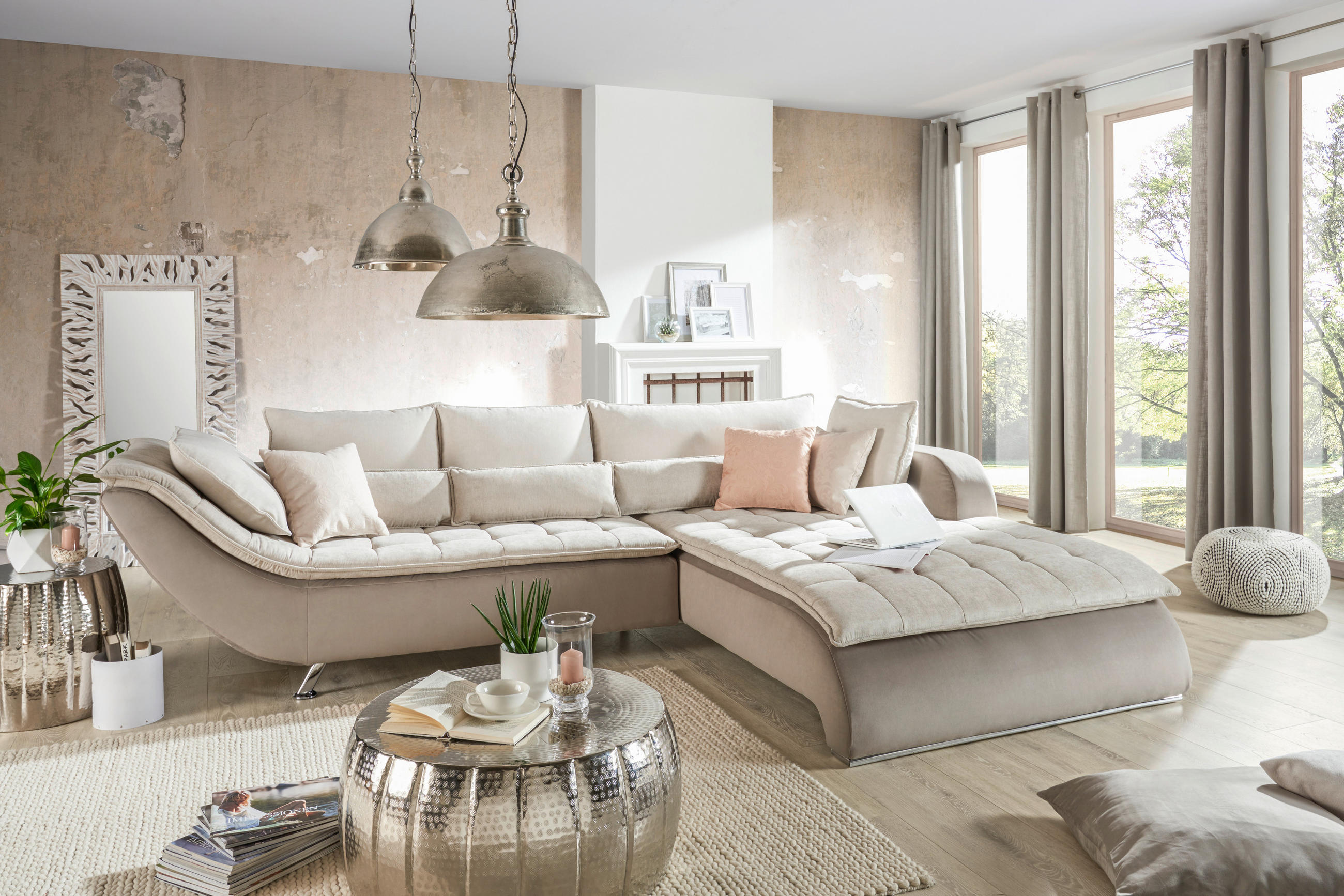 ECKSOFA in Webstoff Taupe, Beige - Taupe/Sandfarben, Design, Textil/Metall (300/220cm) - Hom`in
