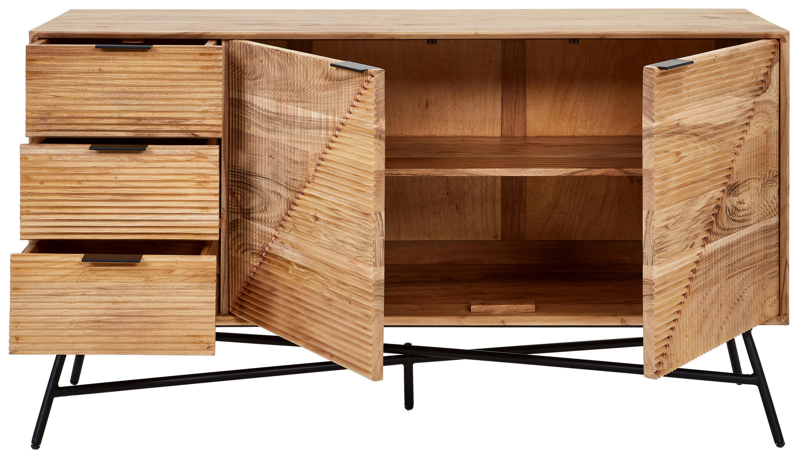 SIDEBOARD Akazie vollmassiv Schwarz, Akaziefarben Einlegeboden  - Schwarz/Akaziefarben, Design, Holz/Metall (145/80/45cm) - Ambia Home