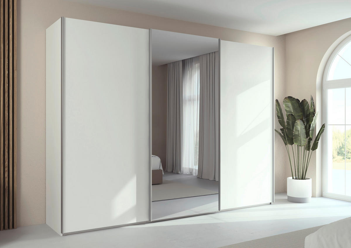 SCHWEBETÜRENSCHRANK 301/223/69 cm,  in Weiß, Alufarben, 3 Tür(en)  - Alufarben/Weiß, Basics, Glas/Holzwerkstoff (301/223/69cm) - Rauch Möbel