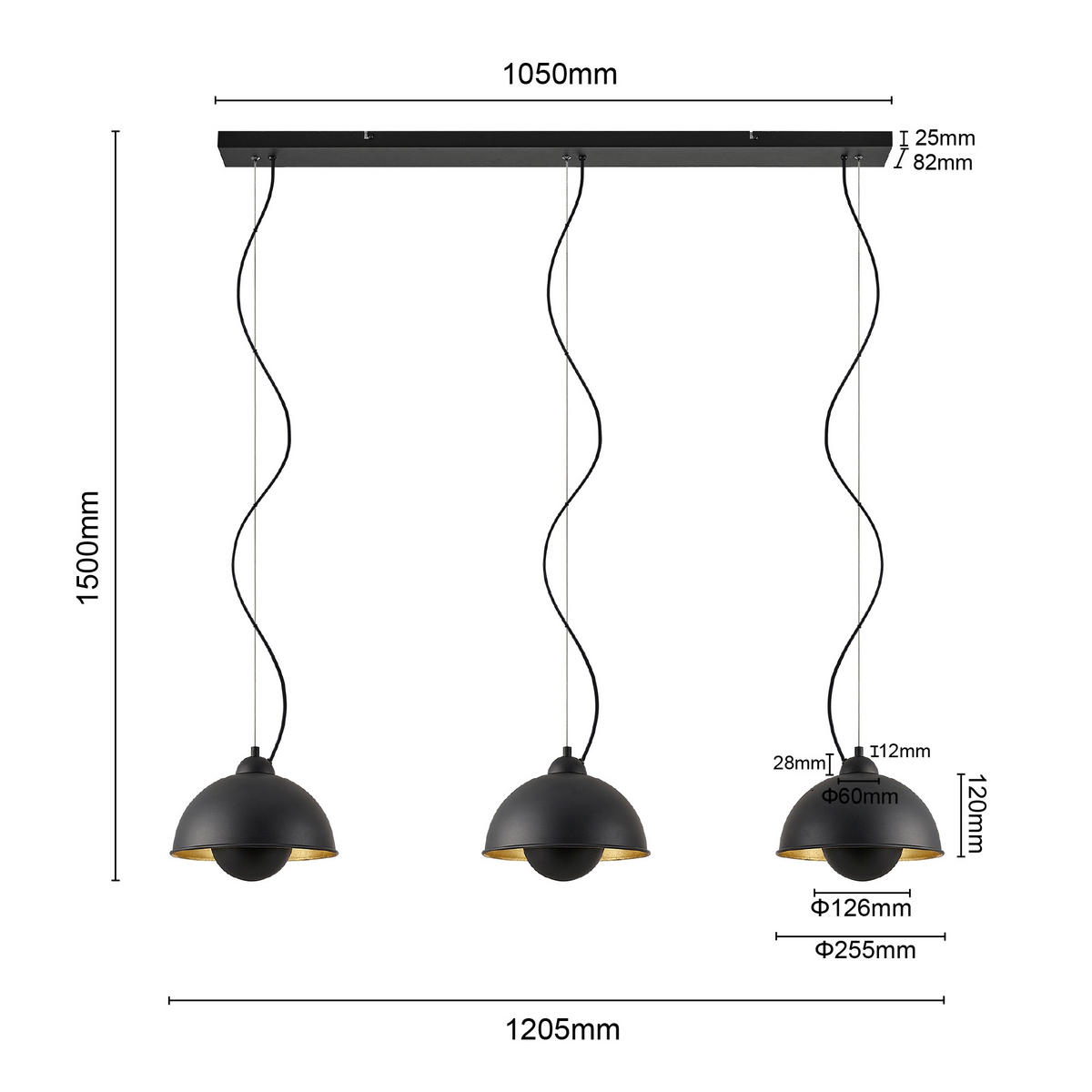 HÄNGELEUCHTE Crosby 120,5/25/150 cm   - Goldfarben/Schwarz, LIFESTYLE, Metall (120,5/25/150cm) - Marama